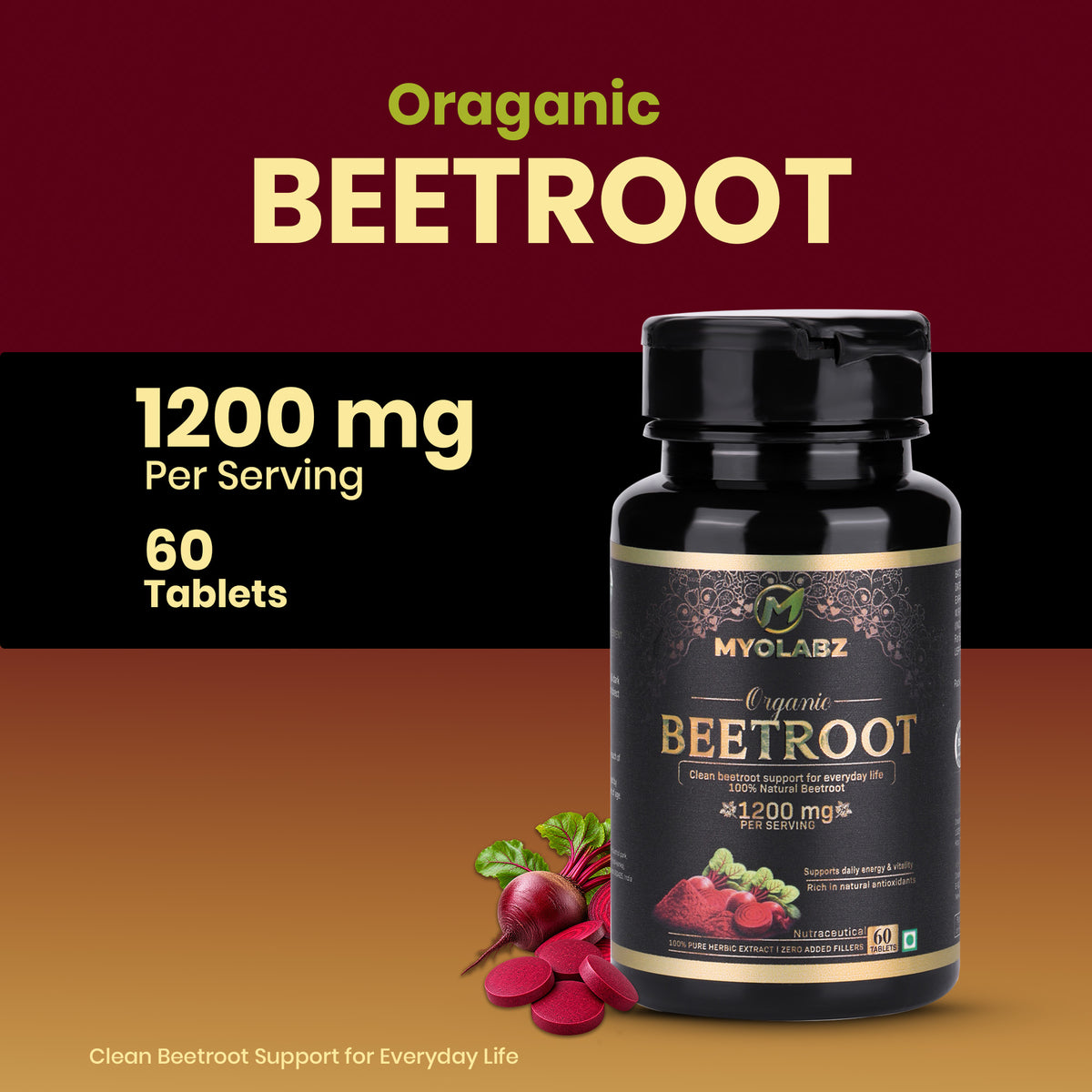 MYOLABZ Organic Beetroot Tablets 1200 mg Per Serving | 60 Tablets