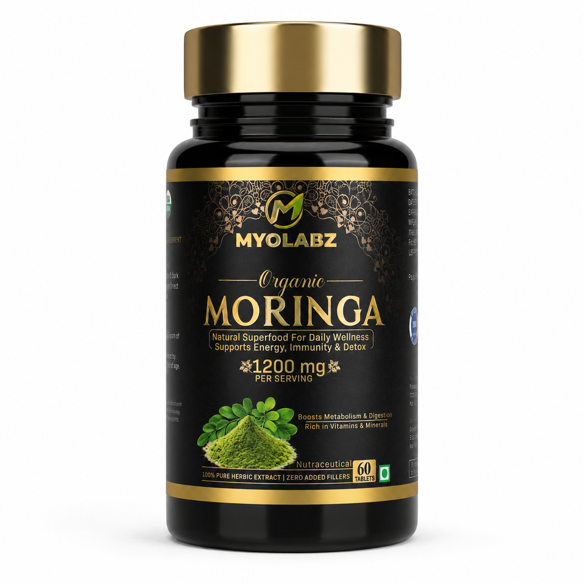 MYOLABZ Organic Moringa Supplement Tablets – 1200 mg Per Serving – USDA Certified Organic – Natural Superfood for Energy, Immunity & Digestion – 60 Tablets