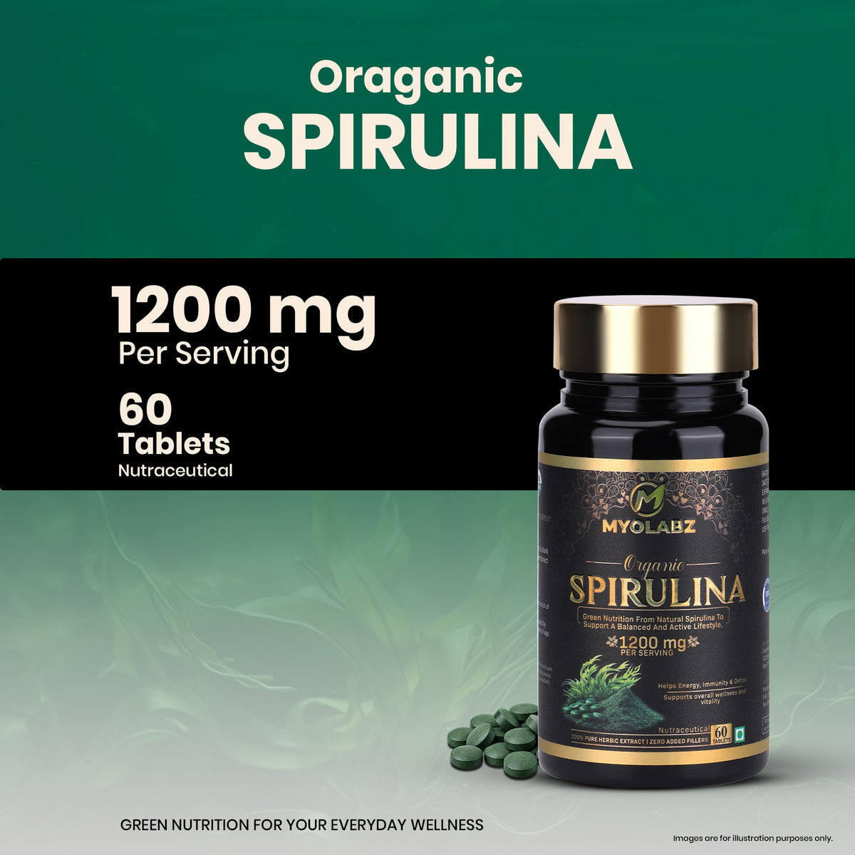 MYOLABZ Organic Spirulina Supplement Tablets – 1200 mg Per Serving – USDA Certified Organic – Natural Superfood for Energy, Immunity & Daily Wellness – 60 Tablets