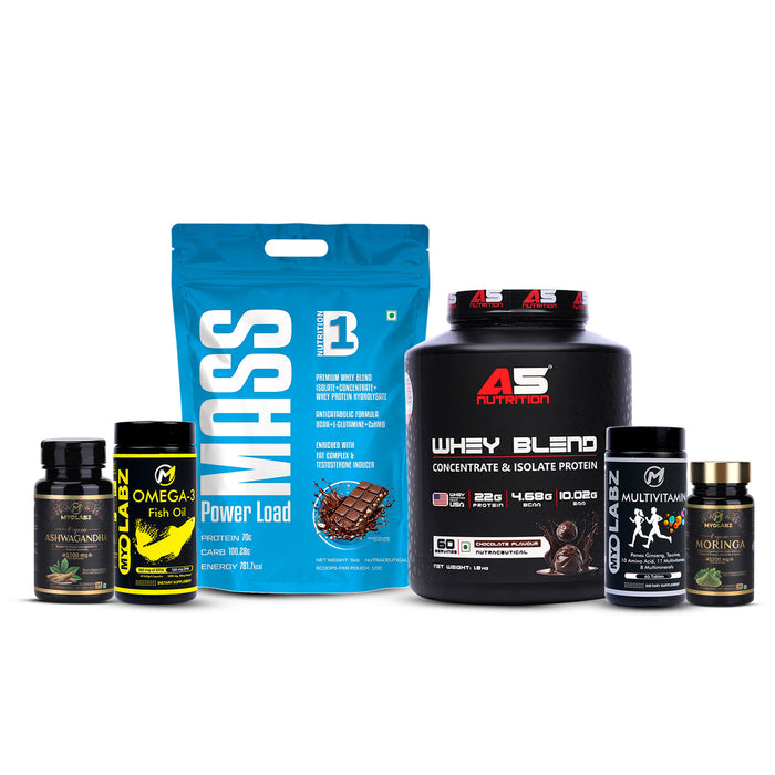 12-PRODUCT PREMIUM NUTRITION STACK — A5 Whey Blend 1.8 KG × 2 • B1 Mass Gainer 5 KG × 2 • MYOLABZ Multivitamin 60 Tablets × 2 • MYOLABZ Omega-3 Fish Oil 60 Capsules × 2 • MYOLABZ Ashwagandha 60 Tablets × 2 • MYOLABZ Moringa 60 Tablets × 2