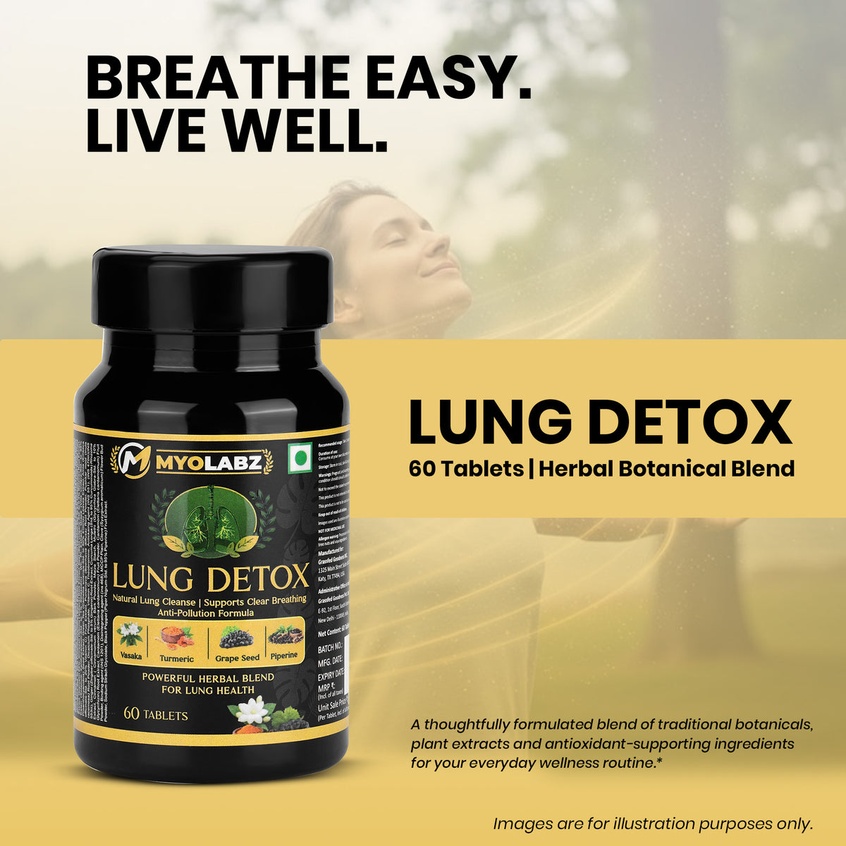 MyoLabz Lung Detox Herbal Formula – Vasaka, Turmeric, Grape Seed, Piperine Lung Cleanse Supplement, 60 Tablets