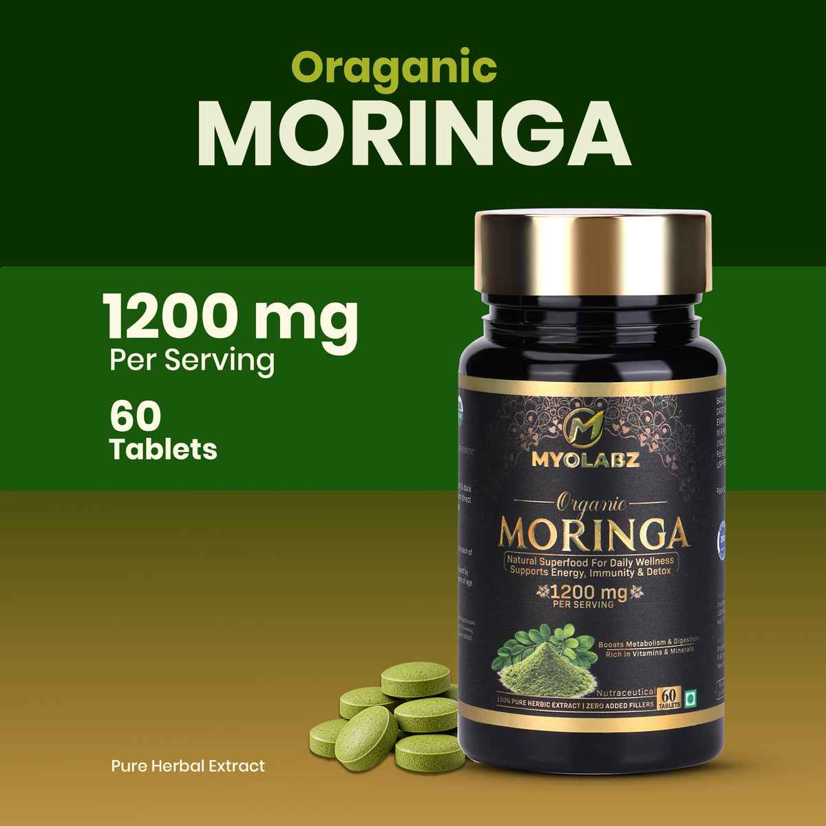 MYOLABZ Organic Moringa Supplement Tablets – 1200 mg Per Serving – USDA Certified Organic – Natural Superfood for Energy, Immunity & Digestion – 60 Tablets