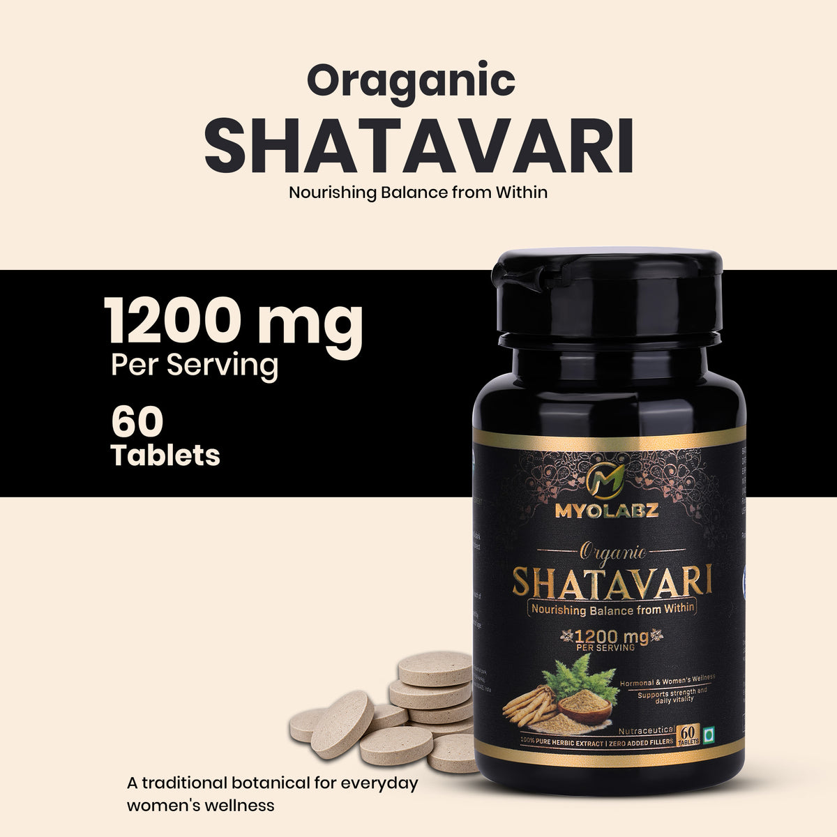 MYOLABZ Organic Shatavari Supplement Tablets – 1200 mg Per Serving – USDA Certified Organic – Traditional Botanical for Women's Wellness & Daily Vitality – 60 Tablets
