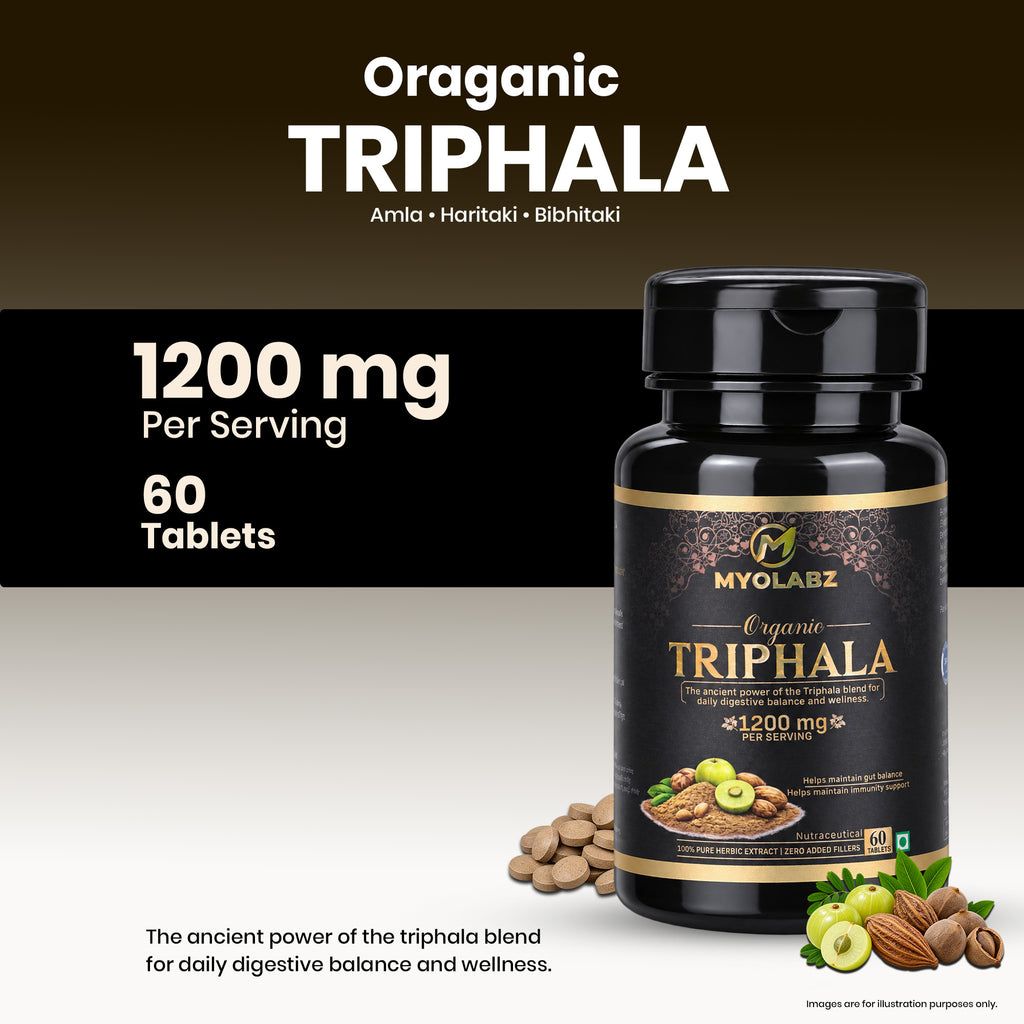 MYOLABZ Organic Triphala Supplement Tablets – 1200 mg Per Serving – USDA Certified Organic – Amalaki, Haritaki & Bibhitaki Herbal Blend for Digestive Wellness & Daily Well-Being – 60 Tablets