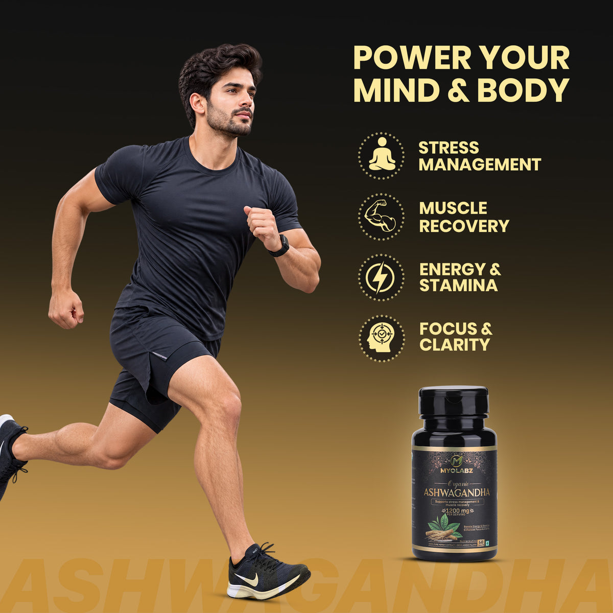 MYOLABZ Organic Ashwagandha Supplement Tablets – 1200 mg Per Serving – USDA Certified Organic – Supports Stress Management & Muscle Recovery – 60 Tablets