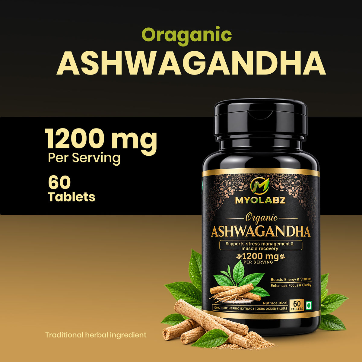 MYOLABZ Organic Ashwagandha Supplement Tablets – 1200 mg Per Serving – USDA Certified Organic – Supports Stress Management & Muscle Recovery – 60 Tablets