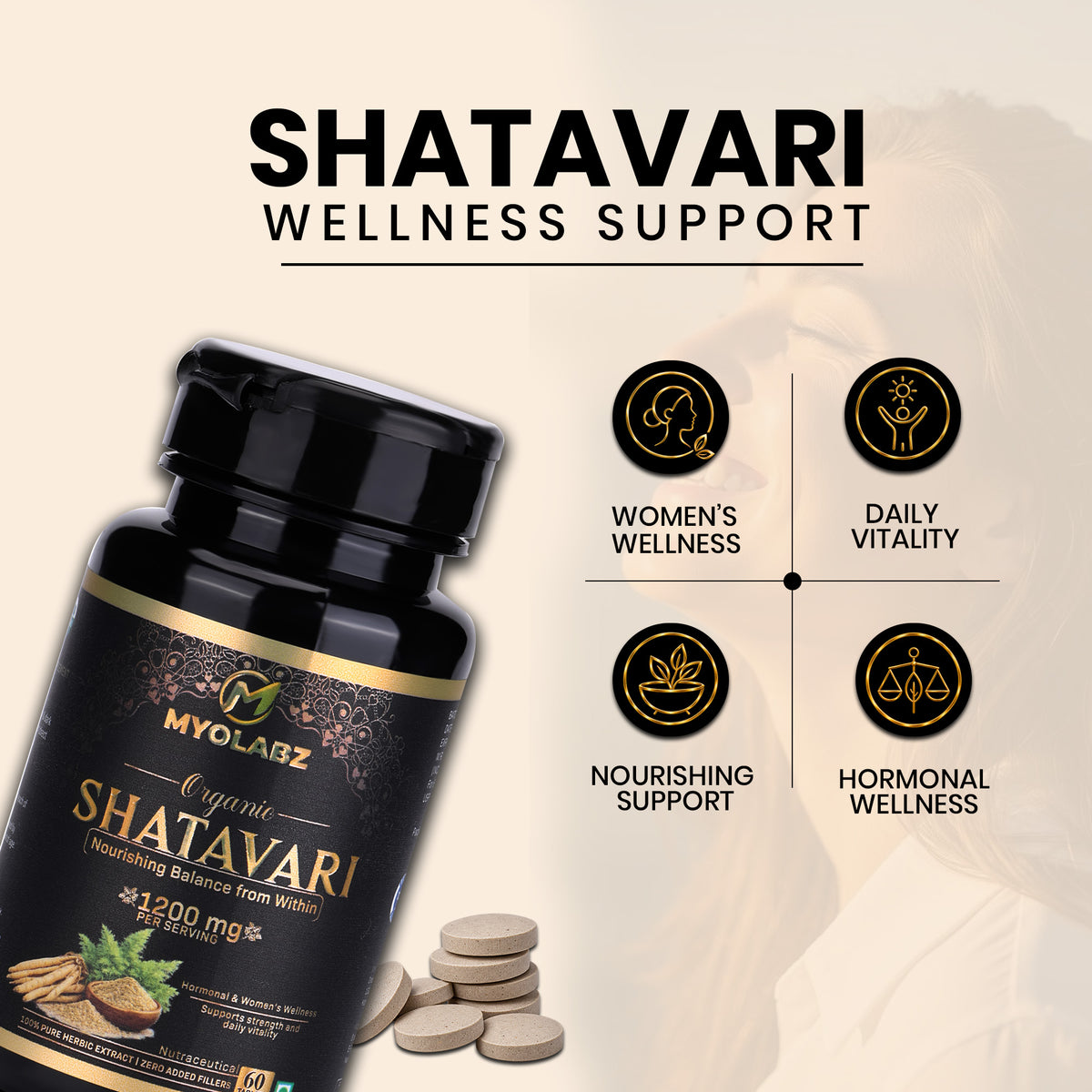 MYOLABZ Organic Shatavari Supplement Tablets – 1200 mg Per Serving – USDA Certified Organic – Traditional Botanical for Women's Wellness & Daily Vitality – 60 Tablets