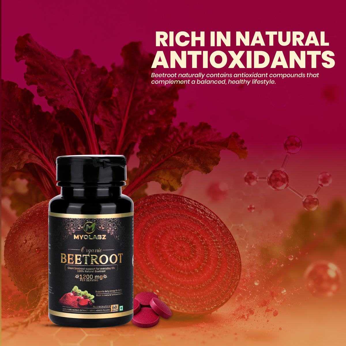 MYOLABZ Organic Beetroot Tablets 1200 mg Per Serving | 60 Tablets