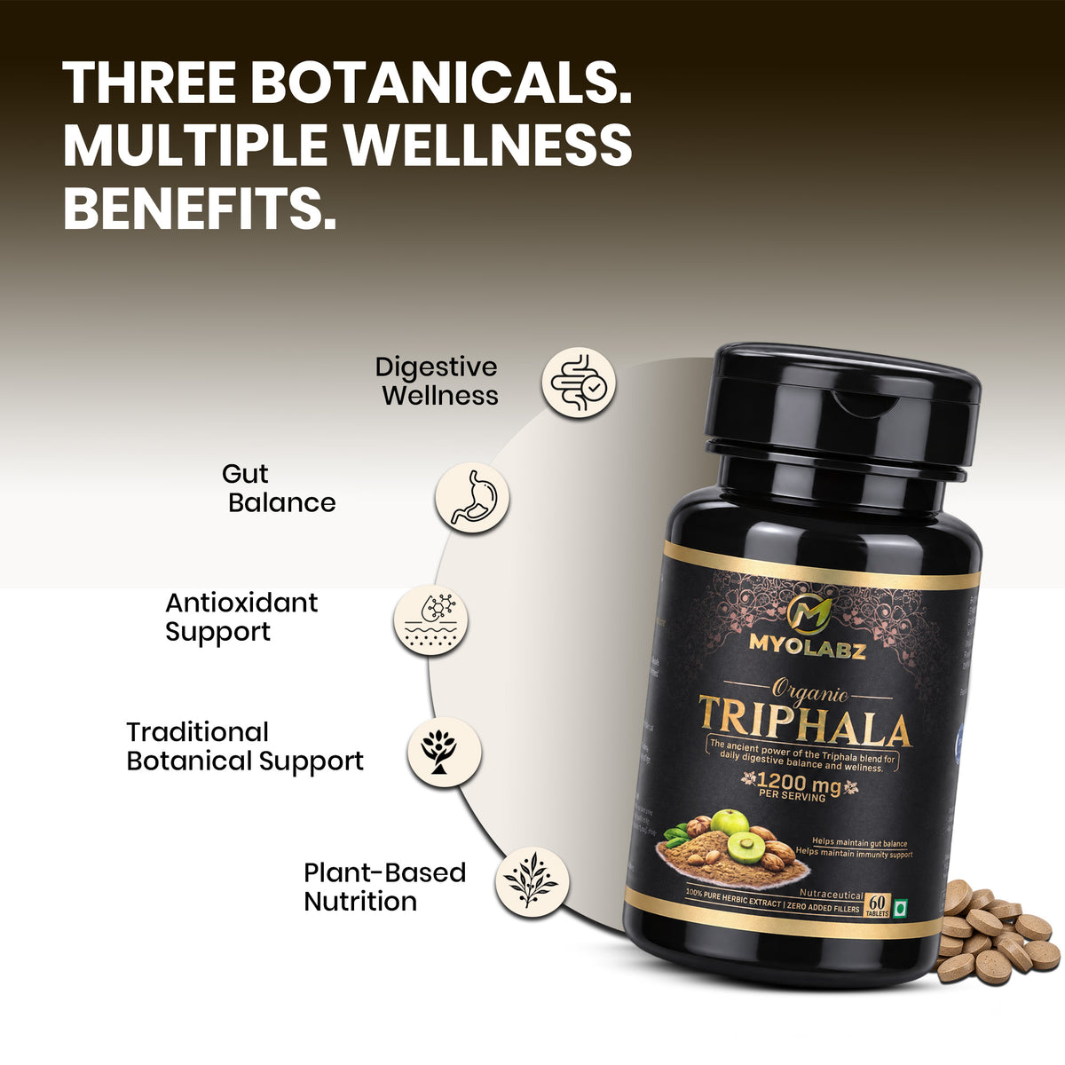 MYOLABZ Organic Triphala Supplement Tablets – 1200 mg Per Serving – USDA Certified Organic – Amalaki, Haritaki & Bibhitaki Herbal Blend for Digestive Wellness & Daily Well-Being – 60 Tablets