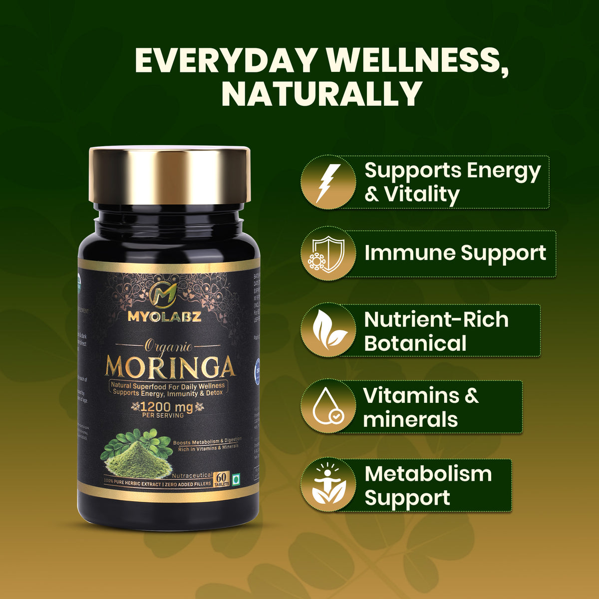 MYOLABZ Organic Moringa Supplement Tablets – 1200 mg Per Serving – USDA Certified Organic – Natural Superfood for Energy, Immunity & Digestion – 60 Tablets