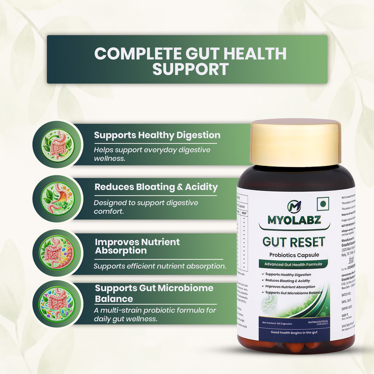 MyoLabz Gut Reset Probiotics Capsules | 11 Probiotic Strains (2 Billion CFU Each) + Isabgol & Peppermint | Digestion, Bloating & Gut Health | 60 Capsules