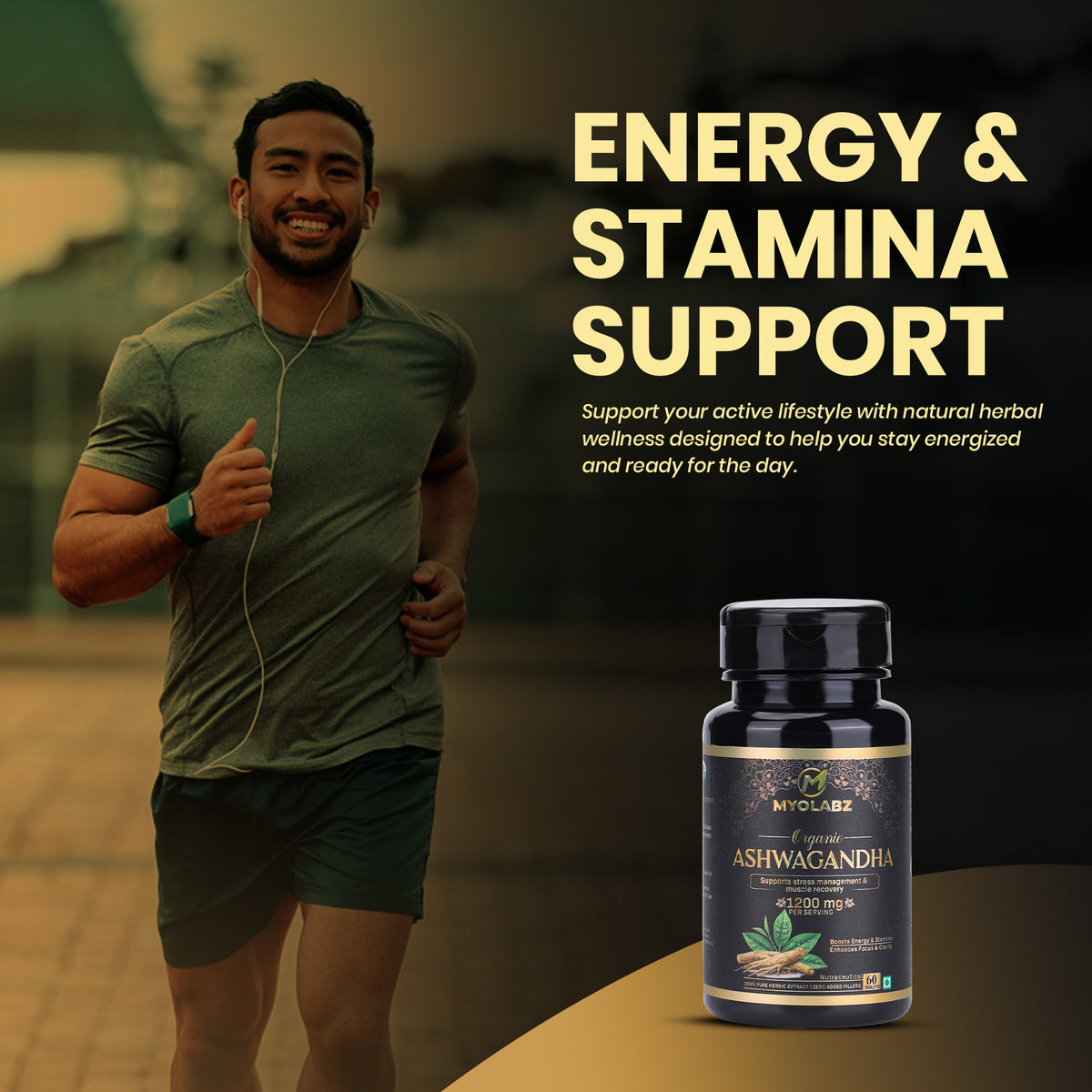 MYOLABZ Organic Ashwagandha Supplement Tablets – 1200 mg Per Serving – USDA Certified Organic – Supports Stress Management & Muscle Recovery – 60 Tablets