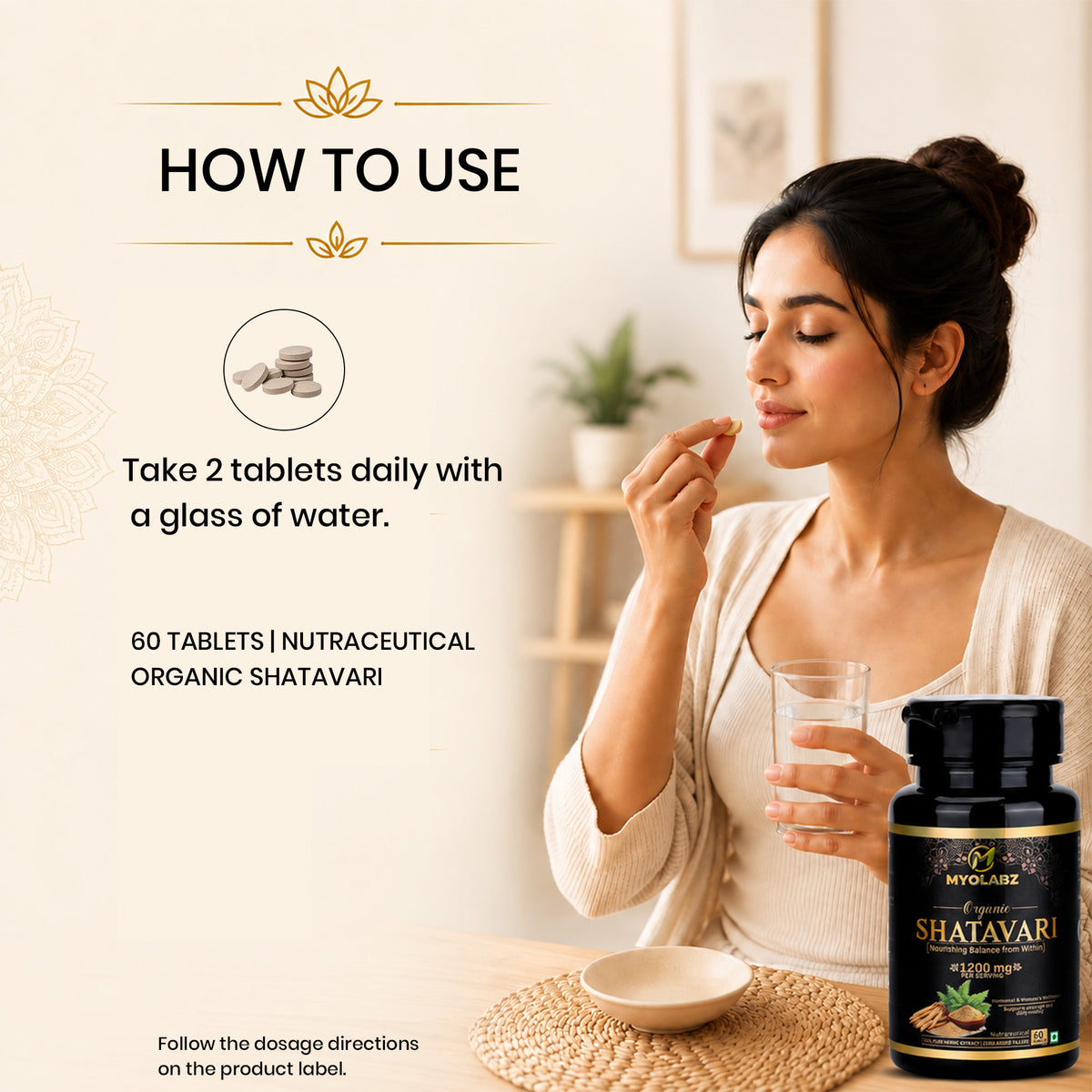 MYOLABZ Organic Shatavari Supplement Tablets – 1200 mg Per Serving – USDA Certified Organic – Traditional Botanical for Women's Wellness & Daily Vitality – 60 Tablets