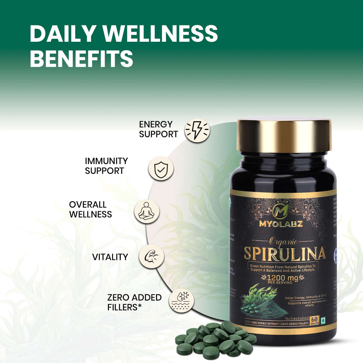 MYOLABZ Organic Spirulina Supplement Tablets – 1200 mg Per Serving – USDA Certified Organic – Natural Superfood for Energy, Immunity & Daily Wellness – 60 Tablets