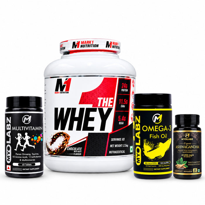 14-PRODUCT MARK1 WHEY GYM STOCK-UP — Mark1 The Whey 2.5 KG × 8 • MYOLABZ Multivitamin 60 Tablets × 4 • MYOLABZ Omega-3 Fish Oil 60 Capsules × 1 • MYOLABZ Ashwagandha 60 Tablets × 1