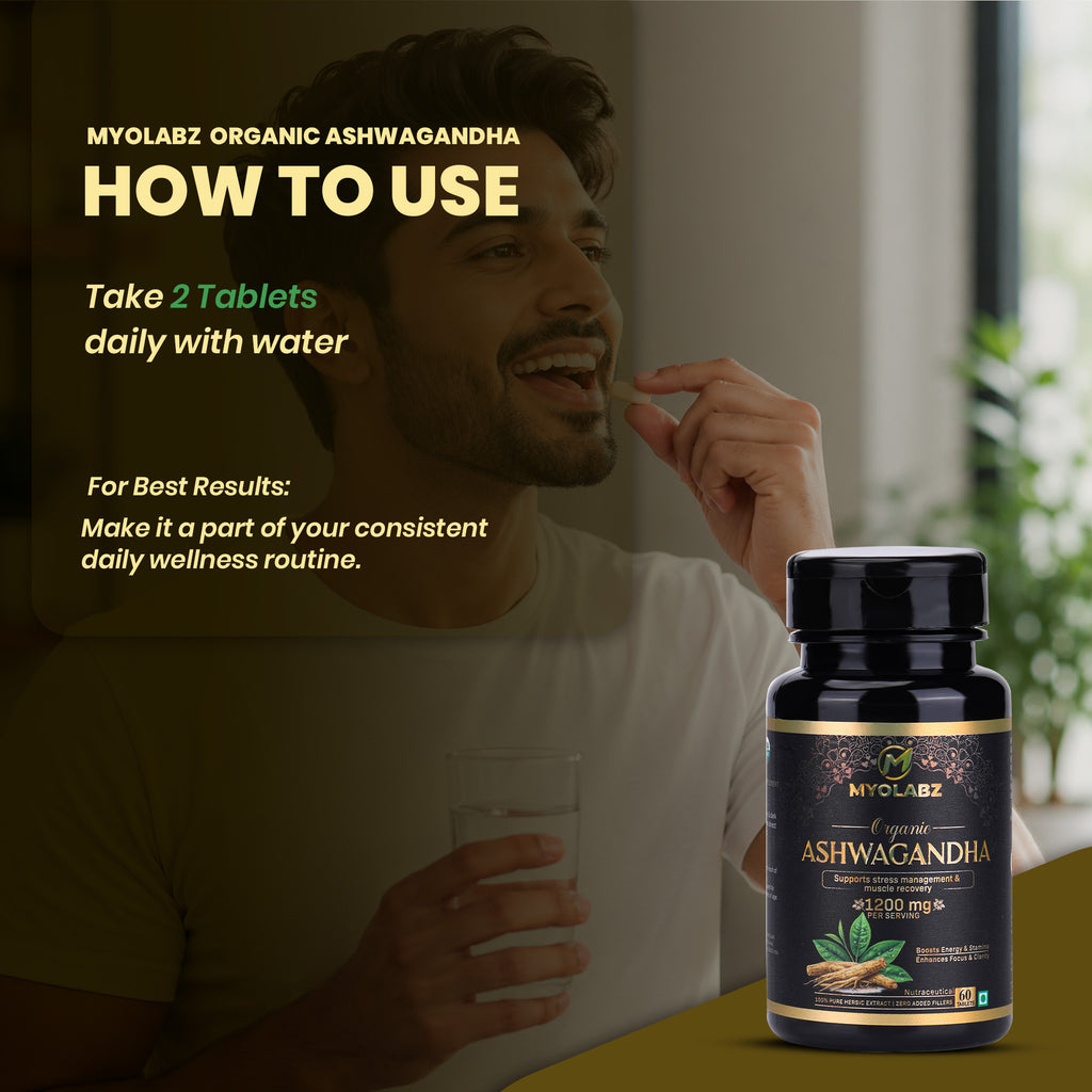 MYOLABZ Organic Ashwagandha Supplement Tablets – 1200 mg Per Serving – USDA Certified Organic – Supports Stress Management & Muscle Recovery – 60 Tablets