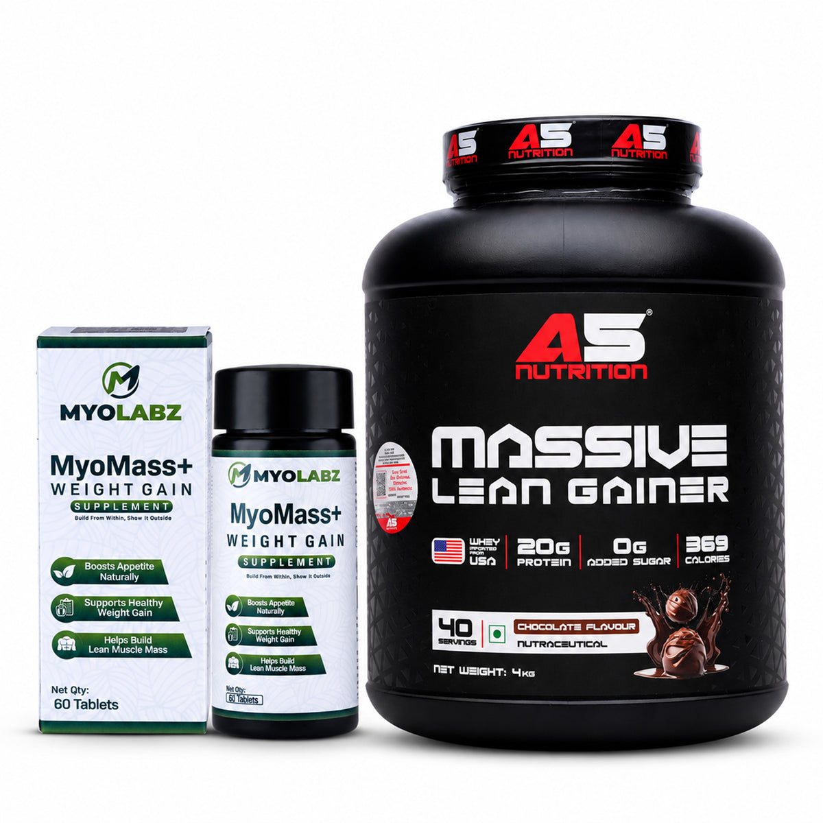 15-PRODUCT A5 MASS 4 KG MEGA STOCK-UP — A5 Massive Lean Gainer 4 KG × 14 • MYOLABZ MyoMass+ Weight Gain 60 Tablets × 1