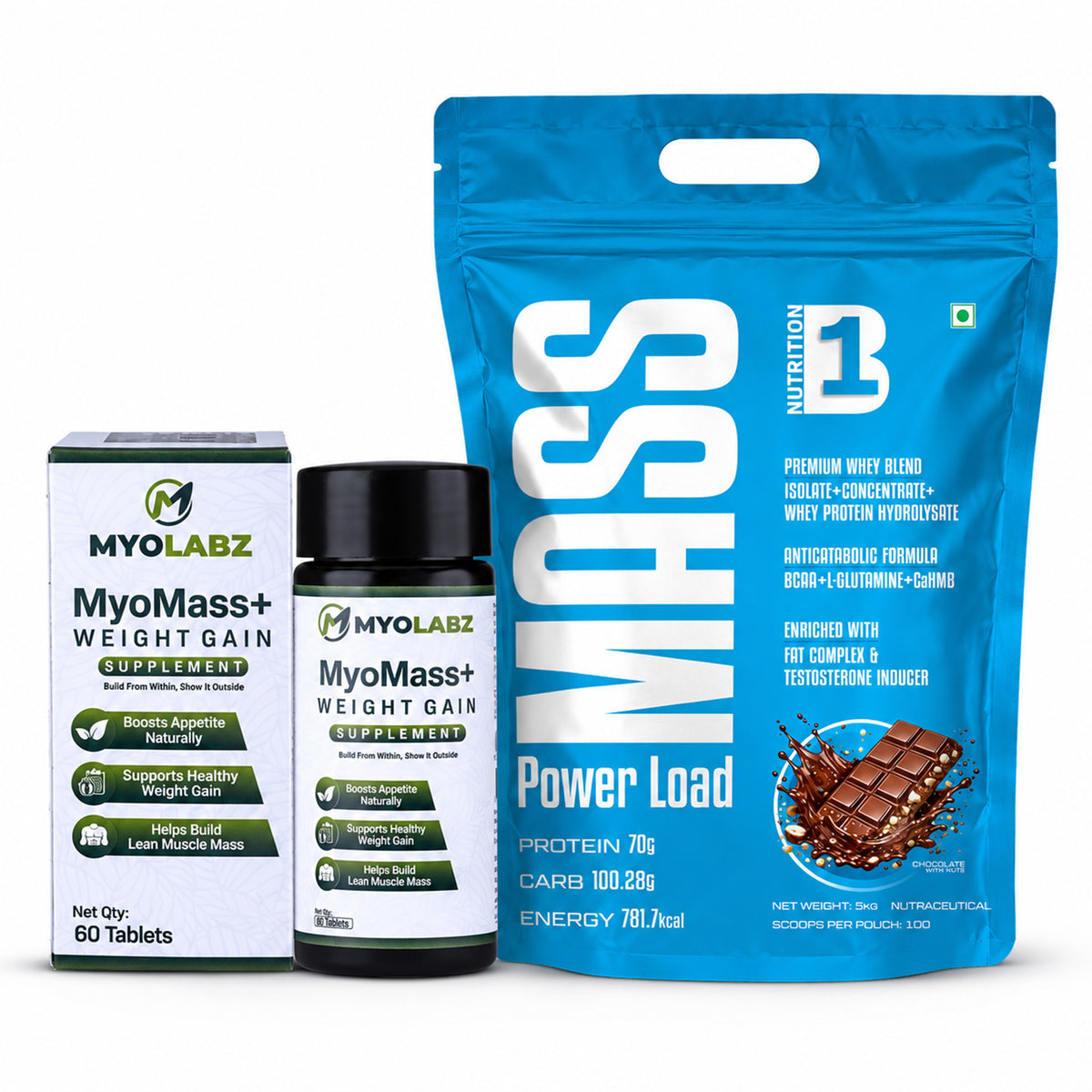 28-PRODUCT B1 MASS + MYOMASS MEGA CROWD PULLER — B1 Mass Gainer 5 KG Pouch × 14 • MYOLABZ MyoMass+ Weight Gain 60 Tablets × 14 FREE