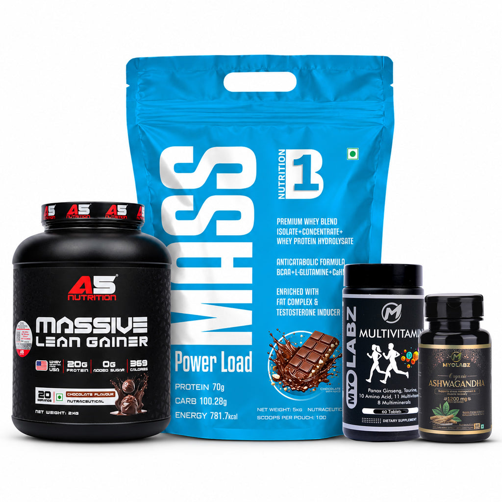 15-PRODUCT WHEY + MASS SUPER COMBO — A5 Whey Blend 1.8 KG × 6 • B1 Mass Gainer 5 KG Pouch × 6 • MYOLABZ Multivitamin 60 Tablets × 2 • MYOLABZ Ashwagandha 60 Tablets × 1