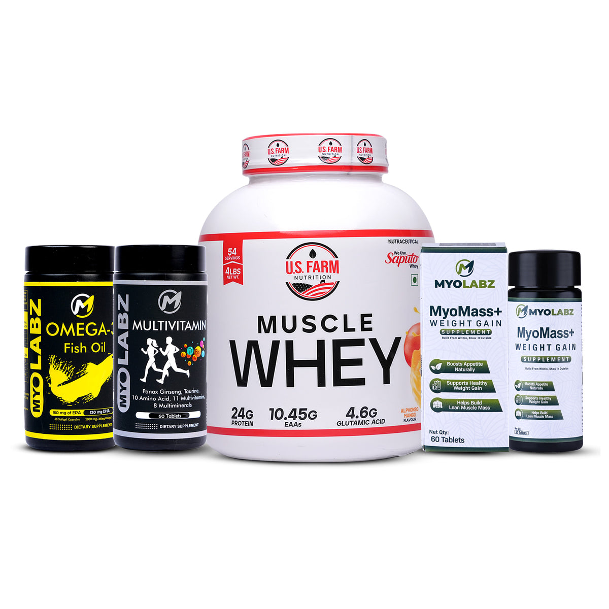 16-PRODUCT US FARM MUSCLE WHEY MEGA CLEARANCE — US Farm Muscle Whey Mango × 4 • MYOLABZ Multivitamin 60 Tablets × 4 • MYOLABZ Omega-3 60 Capsules × 4 • MYOLABZ MyoMass+ Weight Gain 60 Tablets × 4