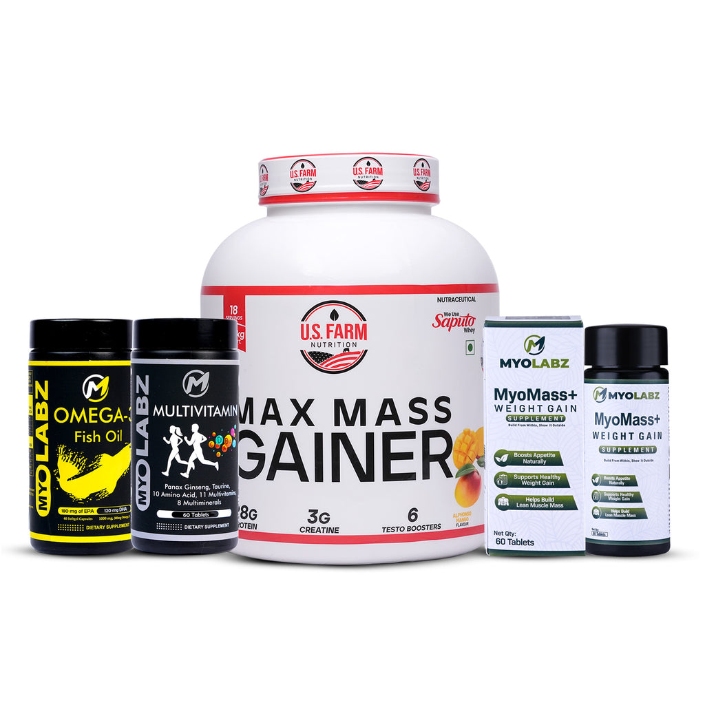 22-PRODUCT US FARM MASS GAINER STOCK BLAST — US Farm Max Mass Mango × 7 • MYOLABZ MyoMass+ Weight Gain × 7 • MYOLABZ Multivitamin 60 Tablets × 4 • MYOLABZ Omega-3 60 Capsules × 4