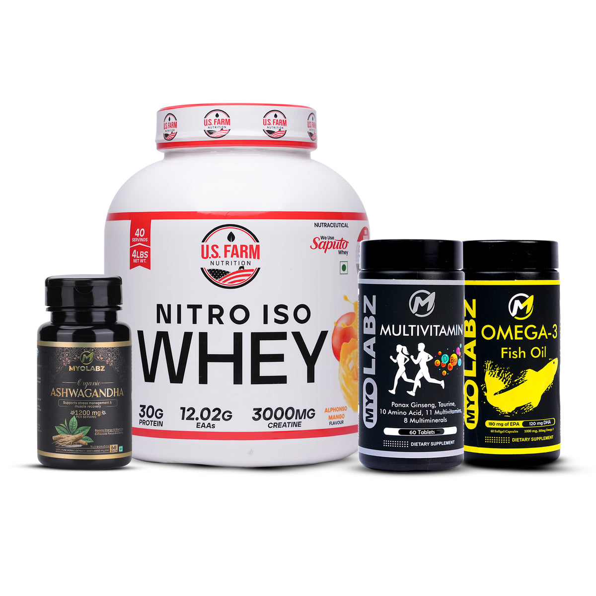 19-PRODUCT US FARM NITRO ISO MEGA CLEARANCE — US Farm Nitro Iso Whey 4 LBS (Alphonso Mango) × 4 • MYOLABZ Regular/Grey Multivitamin 60 Tablets × 5 • MYOLABZ Regular Omega-3 60 Softgels × 5 • MYOLABZ Ashwagandha 60 Capsules × 5