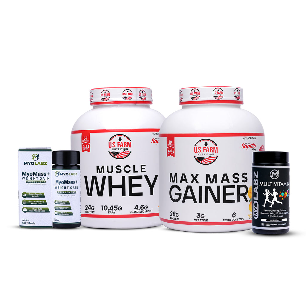 18-PRODUCT US FARM MANGO MUSCLE + MASS MEGA DEAL — US Farm Muscle Whey 2 KG (Alphonso Mango) × 2 • US Farm Max Mass Gainer 2.7 KG (Alphonso Mango) × 4 • MYOLABZ MyoMass+ Weight Gain 60 Tablets × 6 • MYOLABZ Regular/Grey Multivitamin 60 Tablets × 6