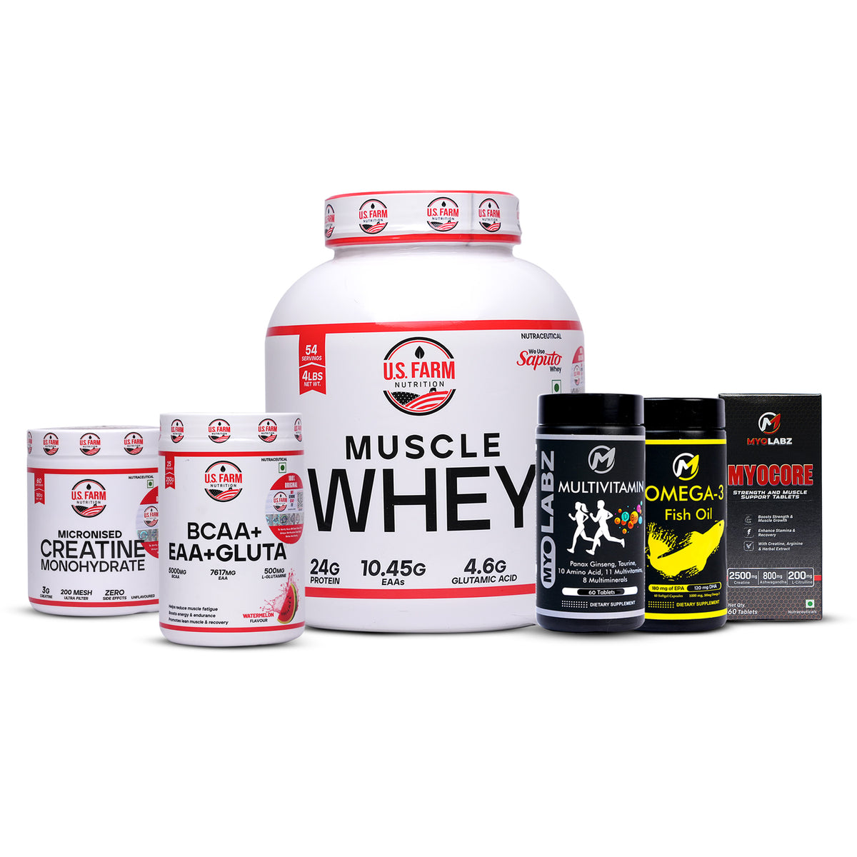 23 Product US Farm Muscle Stack – Muscle Whey, BCAA + EAA + Glutamine, Creatine, Multivitamin, Omega-3 & Myocore | Complete Muscle Building & Strength Support Deal
