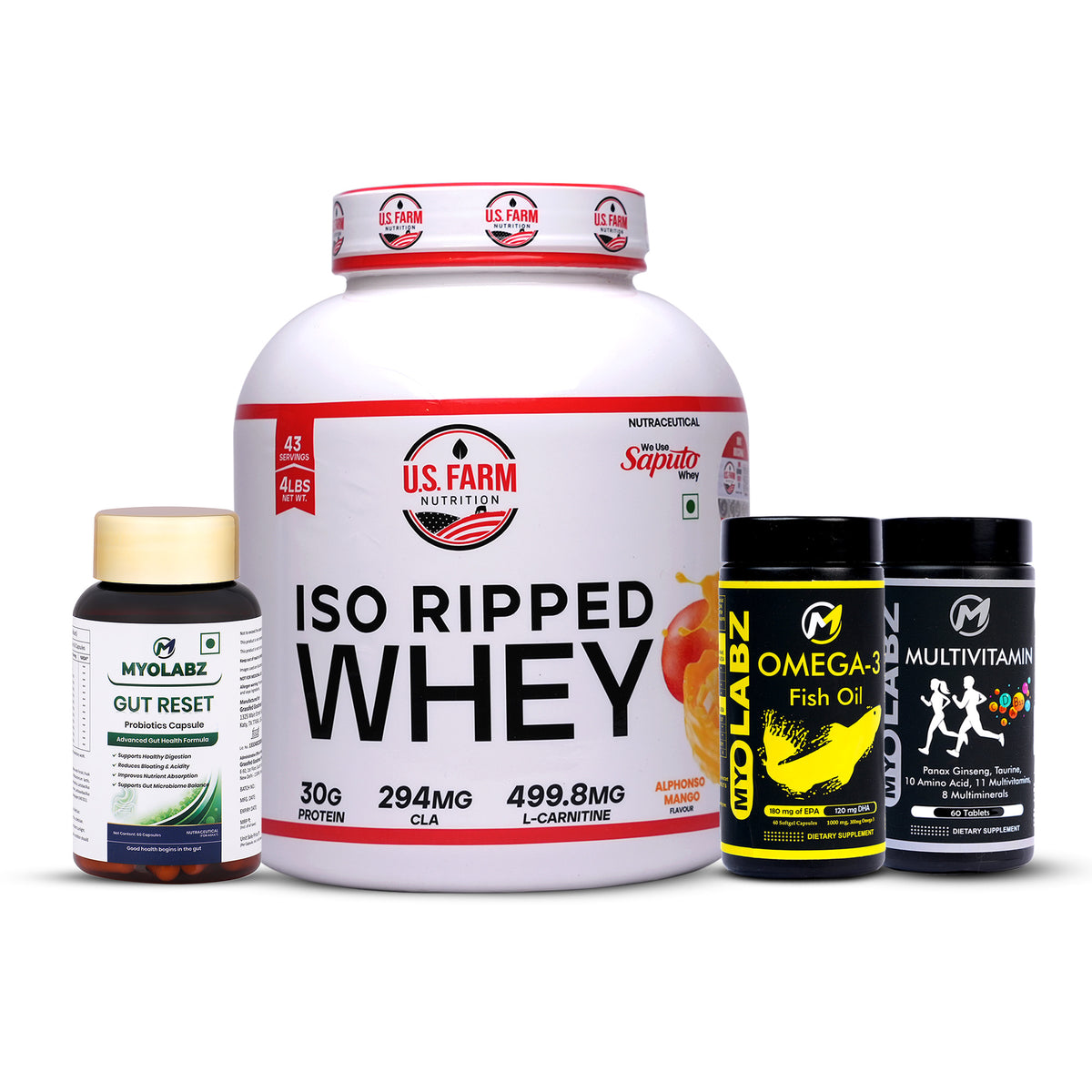 13-PRODUCT US FARM ISO RIPPED COMPLETE HEALTH STACK — US Farm Iso Ripped Whey 4 LBS (Alphonso Mango) × 3 • MYOLABZ Grey Multivitamin 60 Tablets × 4 • MYOLABZ Triple Strength Omega-3 60 Softgels × 3 • MYOLABZ Gut Reset 60 Capsules × 3