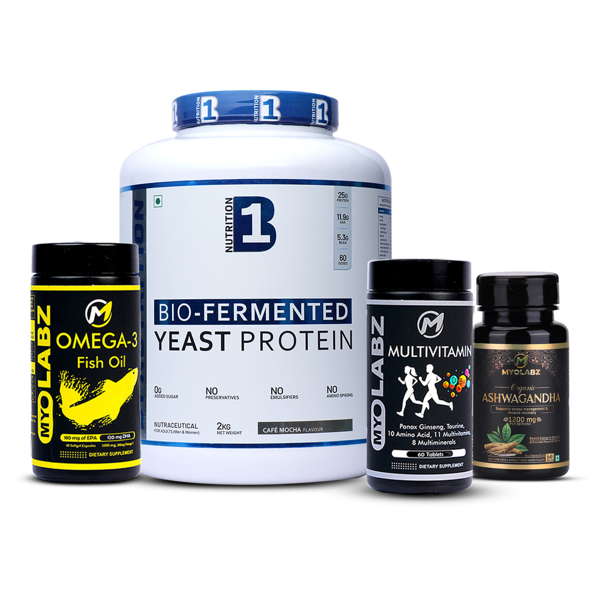 17-PRODUCT B1 YEAST PROTEIN BULK BLAST — B1 Yeast Protein 2 KG × 10 • MYOLABZ Multivitamin 60 Tablets × 4 • MYOLABZ Omega-3 60 Capsules × 2 • MYOLABZ Ashwagandha 60 Tablets × 1