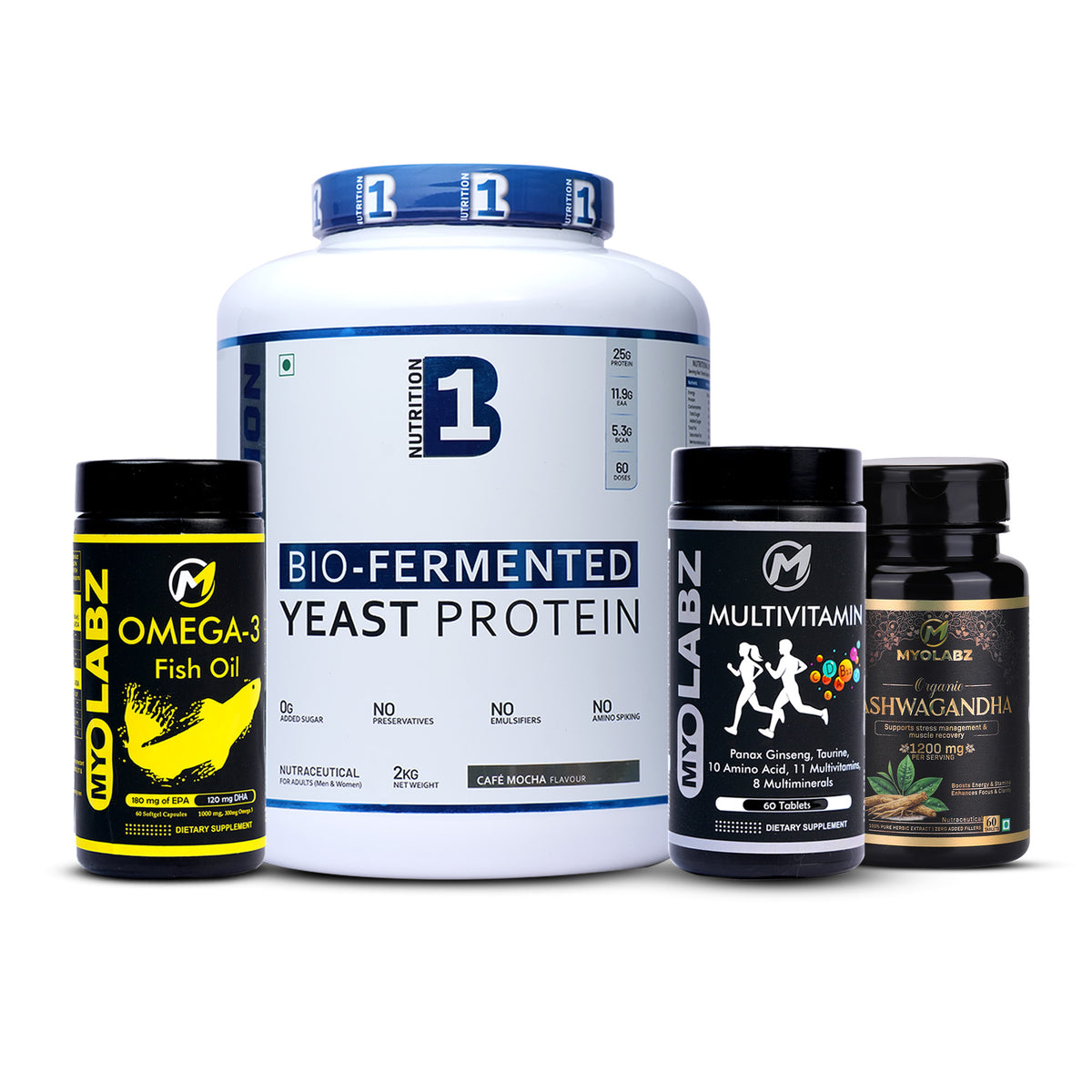 17-PRODUCT B1 YEAST PROTEIN BULK BLAST — B1 Yeast Protein 2 KG × 10 • MYOLABZ Multivitamin 60 Tablets × 4 • MYOLABZ Omega-3 60 Capsules × 2 • MYOLABZ Ashwagandha 60 Tablets × 1