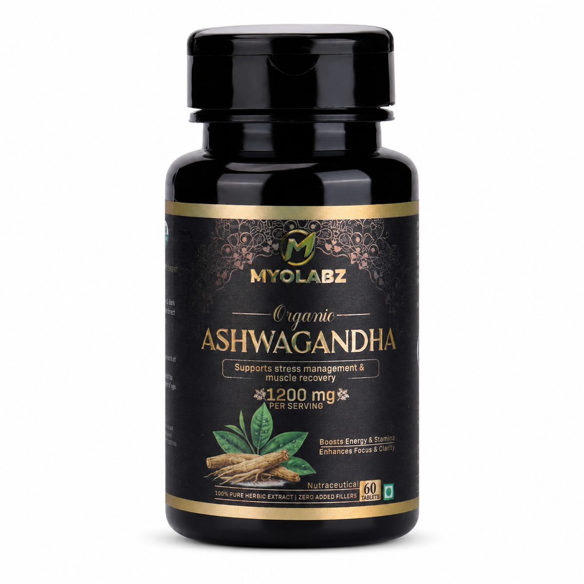 MYOLABZ Organic Ashwagandha Supplement Tablets – 1200 mg Per Serving – USDA Certified Organic – Supports Stress Management & Muscle Recovery – 60 Tablets