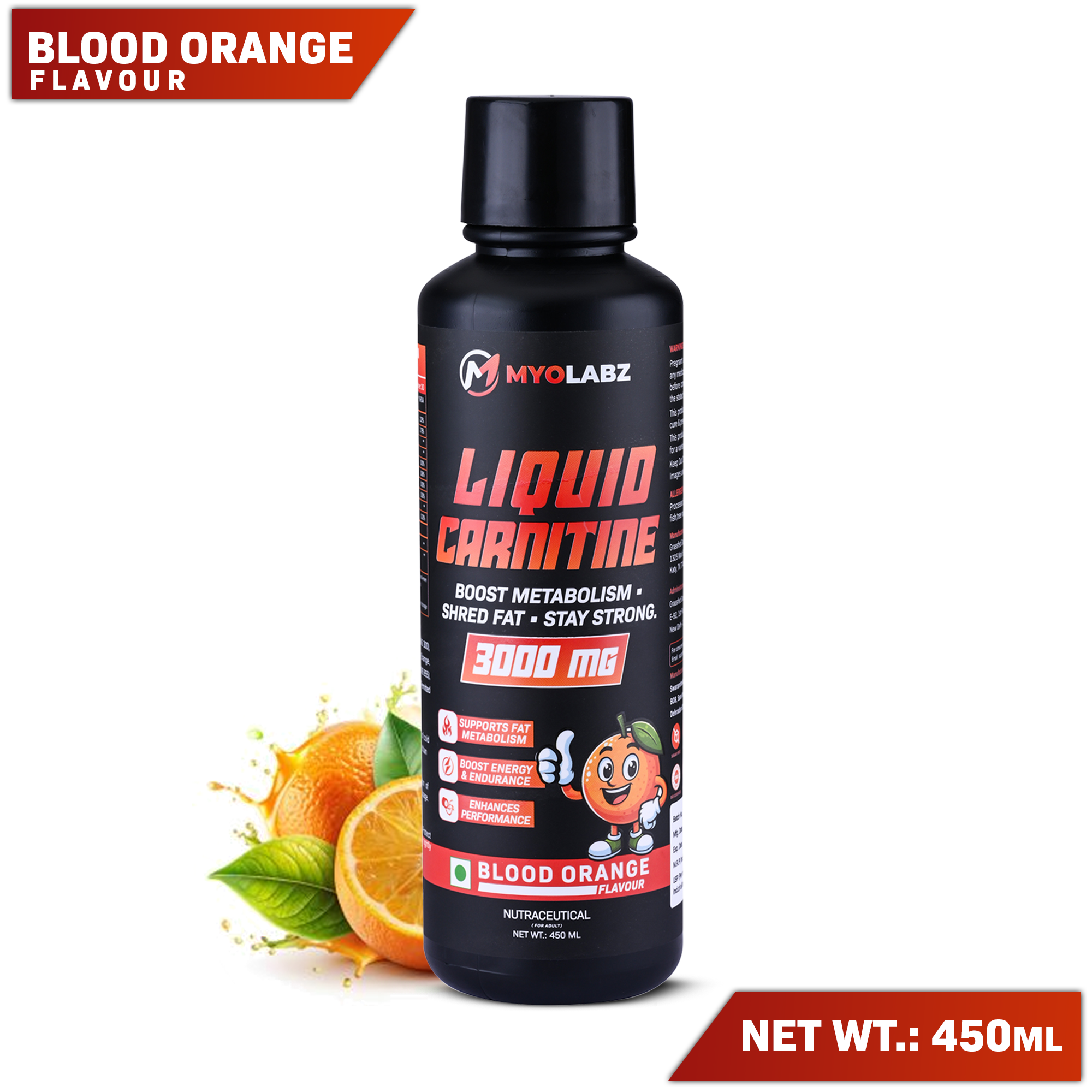 Myolabz Liquid L-Carnitine 3000 mg Fat Burner (450 ml) | Blue Raspberry & Orange Flavours