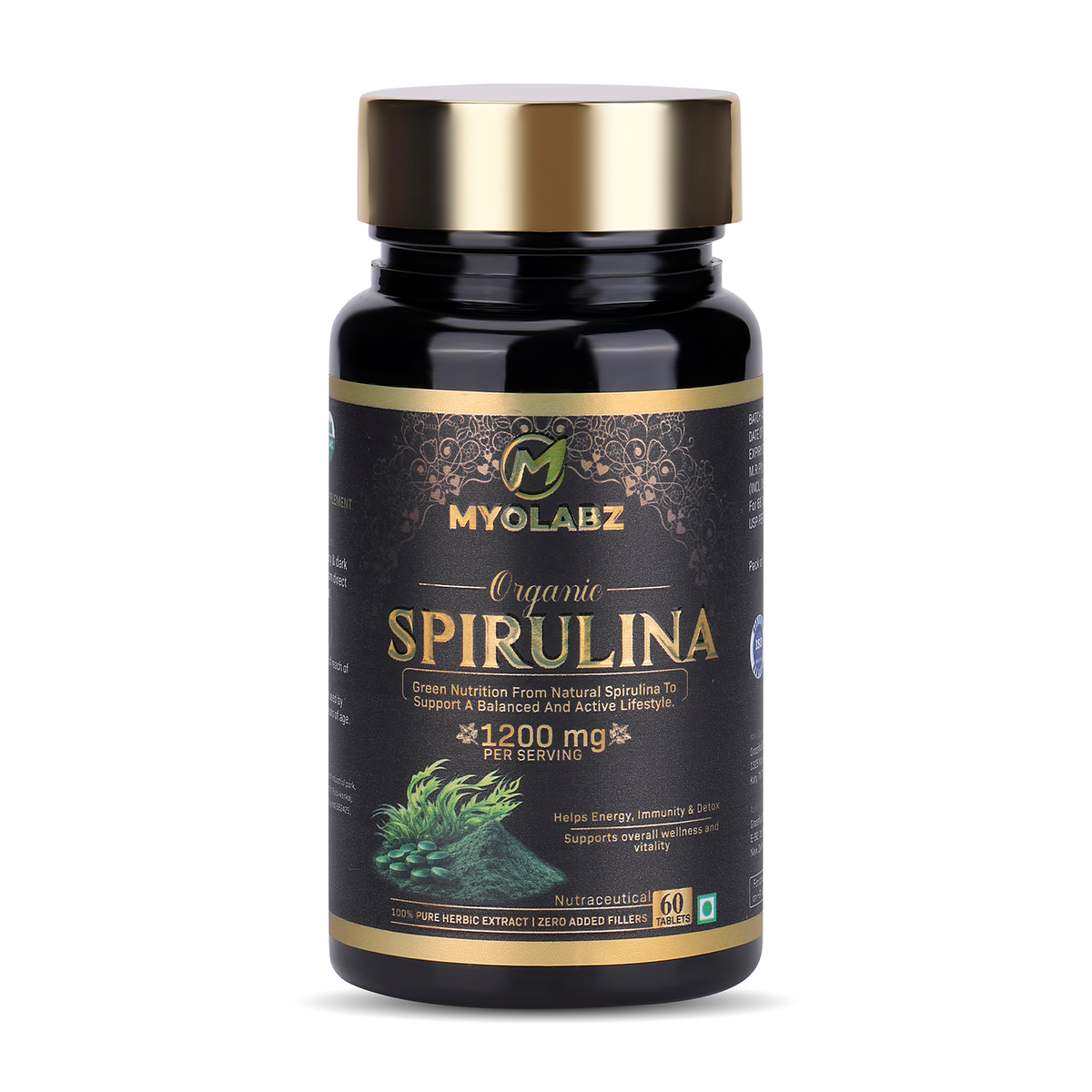 MYOLABZ Organic Spirulina Supplement Tablets – 1200 mg Per Serving – USDA Certified Organic – Natural Superfood for Energy, Immunity & Daily Wellness – 60 Tablets
