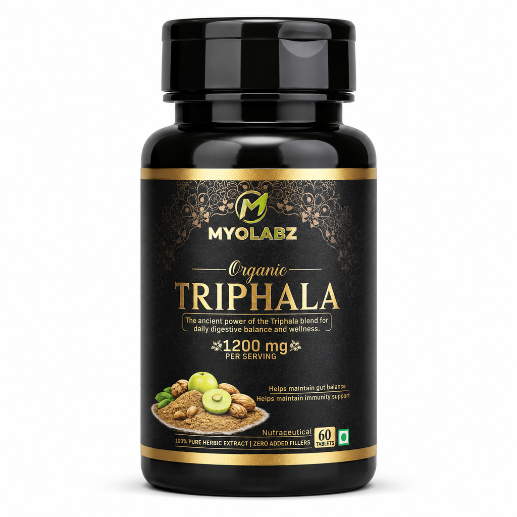 MYOLABZ Organic Triphala Supplement Tablets – 1200 mg Per Serving – USDA Certified Organic – Amalaki, Haritaki & Bibhitaki Herbal Blend for Digestive Wellness & Daily Well-Being – 60 Tablets