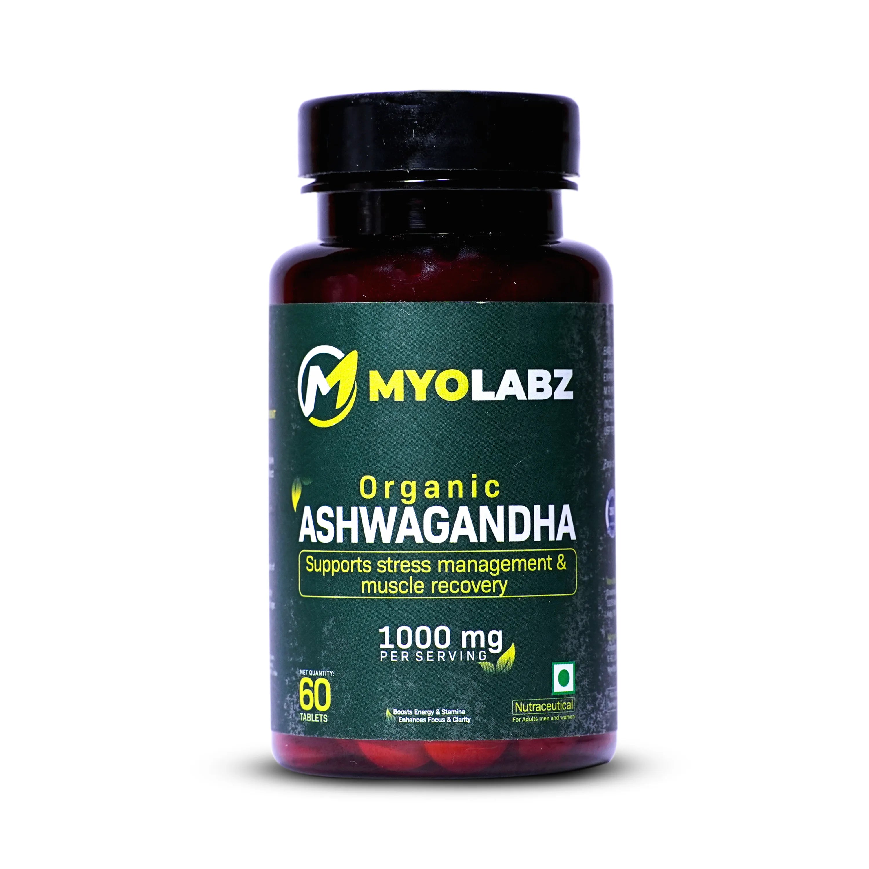 Myolabz Organic Ashwagandha Tablets (60 Tablets) | Supports Stress Management & Muscle Recovery