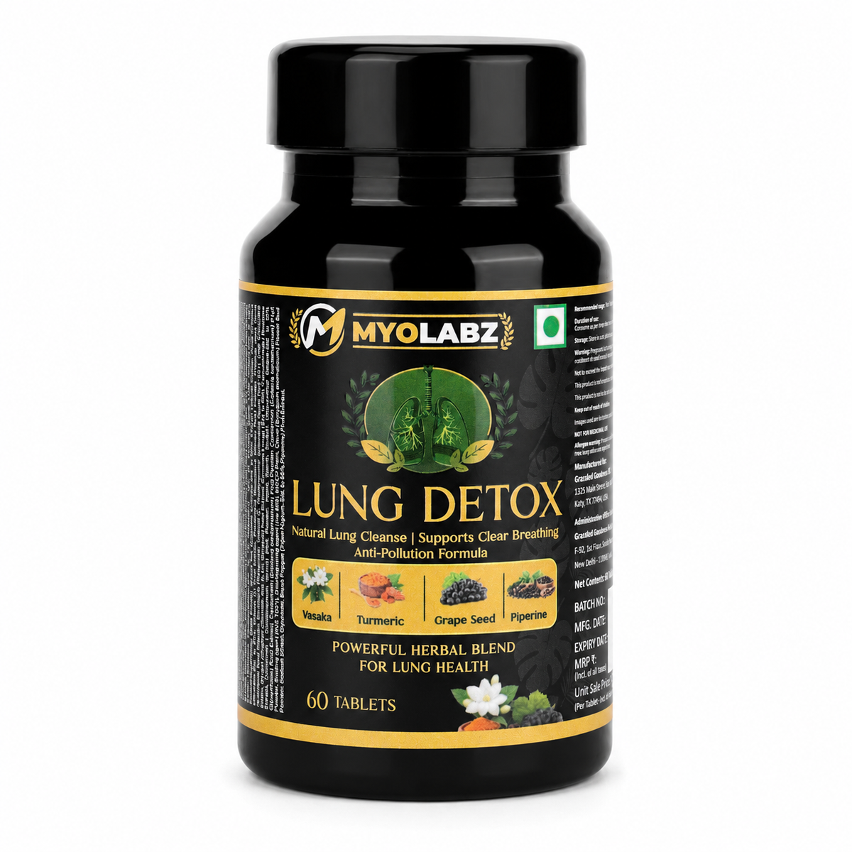 MyoLabz Lung Detox Herbal Formula – Vasaka, Turmeric, Grape Seed, Piperine Lung Cleanse Supplement, 60 Tablets
