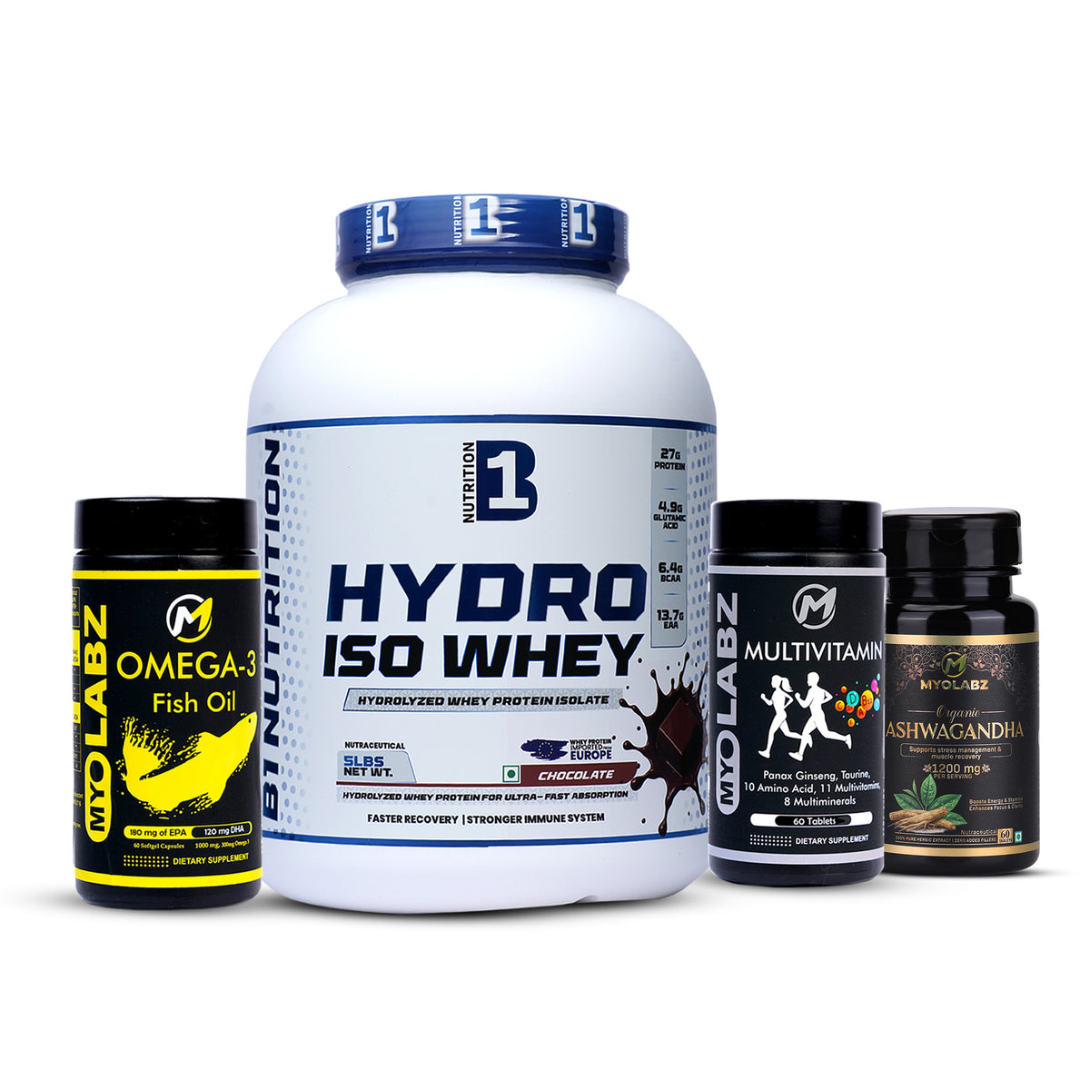 12-PRODUCT B1 HYDRO ISO PREMIUM BULK — B1 Hydro Iso Whey 2.27 KG × 8 • MYOLABZ Multivitamin 60 Tablets × 2 • MYOLABZ Omega-3 60 Capsules × 1 • MYOLABZ Ashwagandha 60 Tablets × 1