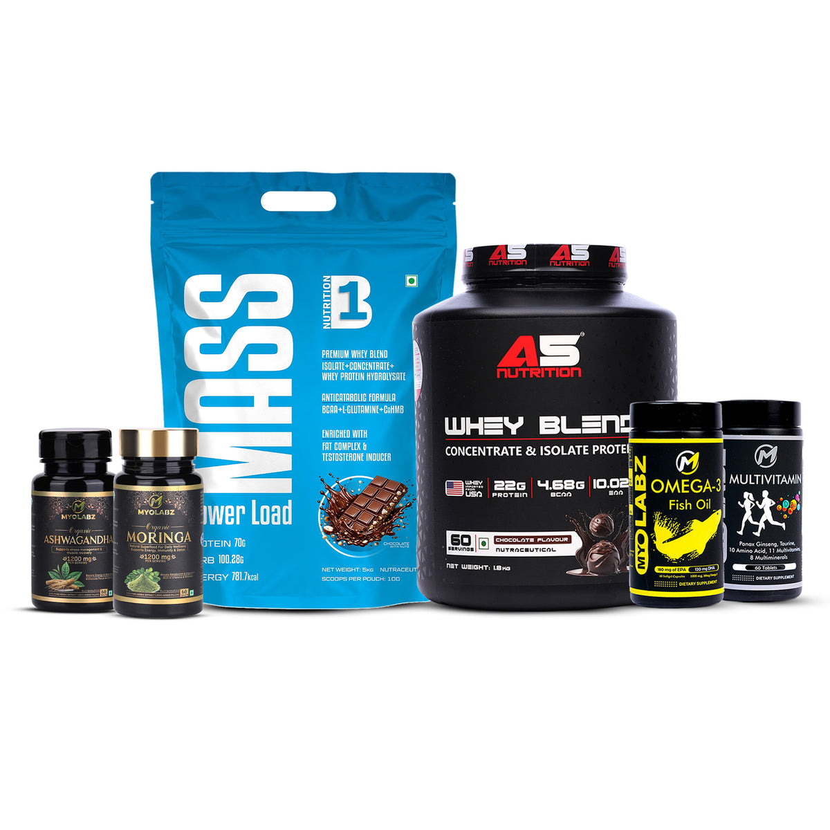 8-PRODUCT TRIPLE WHEY BONANZA — A5 Whey Blend 1.8 KG × 3 • B1 Mass Gainer 5 KG × 1 • MYOLABZ Multivitamin 60 Tablets × 1 • MYOLABZ Omega-3 60 Capsules × 1 • MYOLABZ Ashwagandha 60 Tablets × 1 • MYOLABZ Moringa 60 Tablets × 1