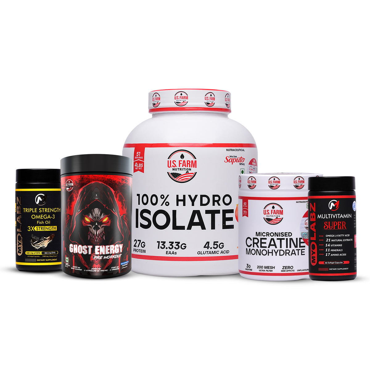 20 Product US Farm Hydro Iso Performance Stack – 100% Hydro Isolate, Ghost Energy Pre-Workout, Creatine & MyoLabz Supplements