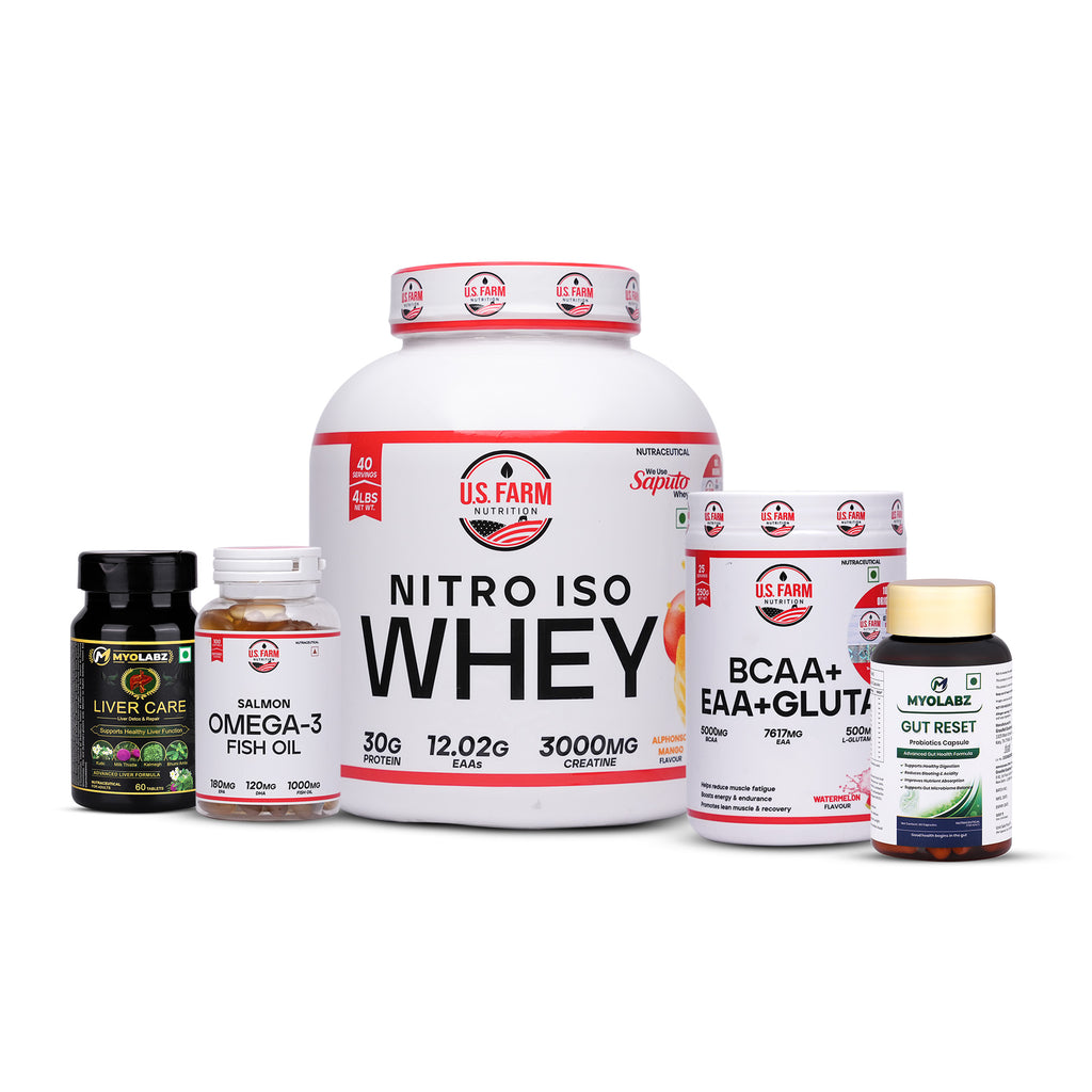 23 Product US Farm Nitro Iso Wellness Mega Stack – Nitro Iso Whey, BCAA + EAA + Glutamine, Salmon Omega-3 & MyoLabz Supplements