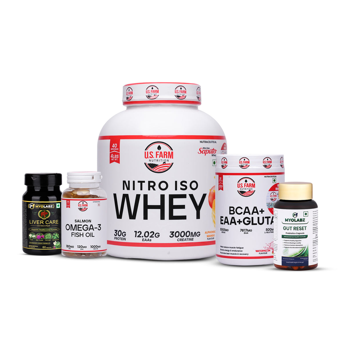 23 Product US Farm Nitro Iso Wellness Mega Stack – Nitro Iso Whey, BCAA + EAA + Glutamine, Salmon Omega-3 & MyoLabz Supplements