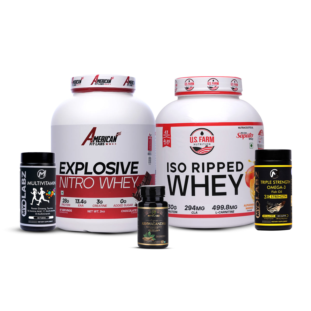 18 Product American Fit Labs + US Farm Iso Ripped Whey Stack – Explosive Nitro Whey & MyoLabz Supplements Mega Deal