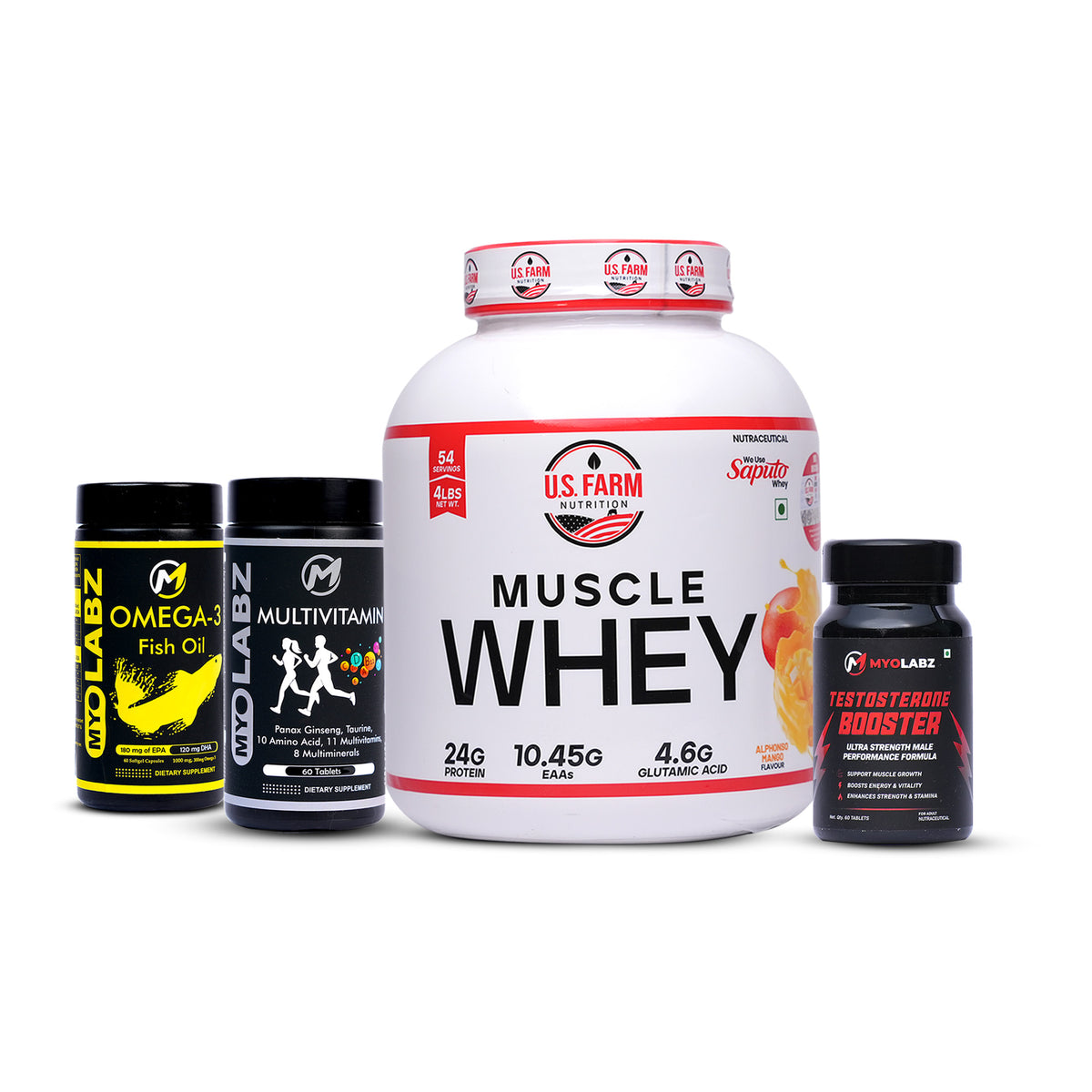 22-PRODUCT US FARM MUSCLE WHEY BULK CLEARANCE — US Farm Muscle Whey 2 kg (Alphonso Mango) × 5 • MyoLabz Regular/Grey Multivitamin 60 Tablets × 6 • MyoLabz Regular Omega-3 60 Softgels × 6 • MyoLabz Testosterone Booster 60 Tablets × 5