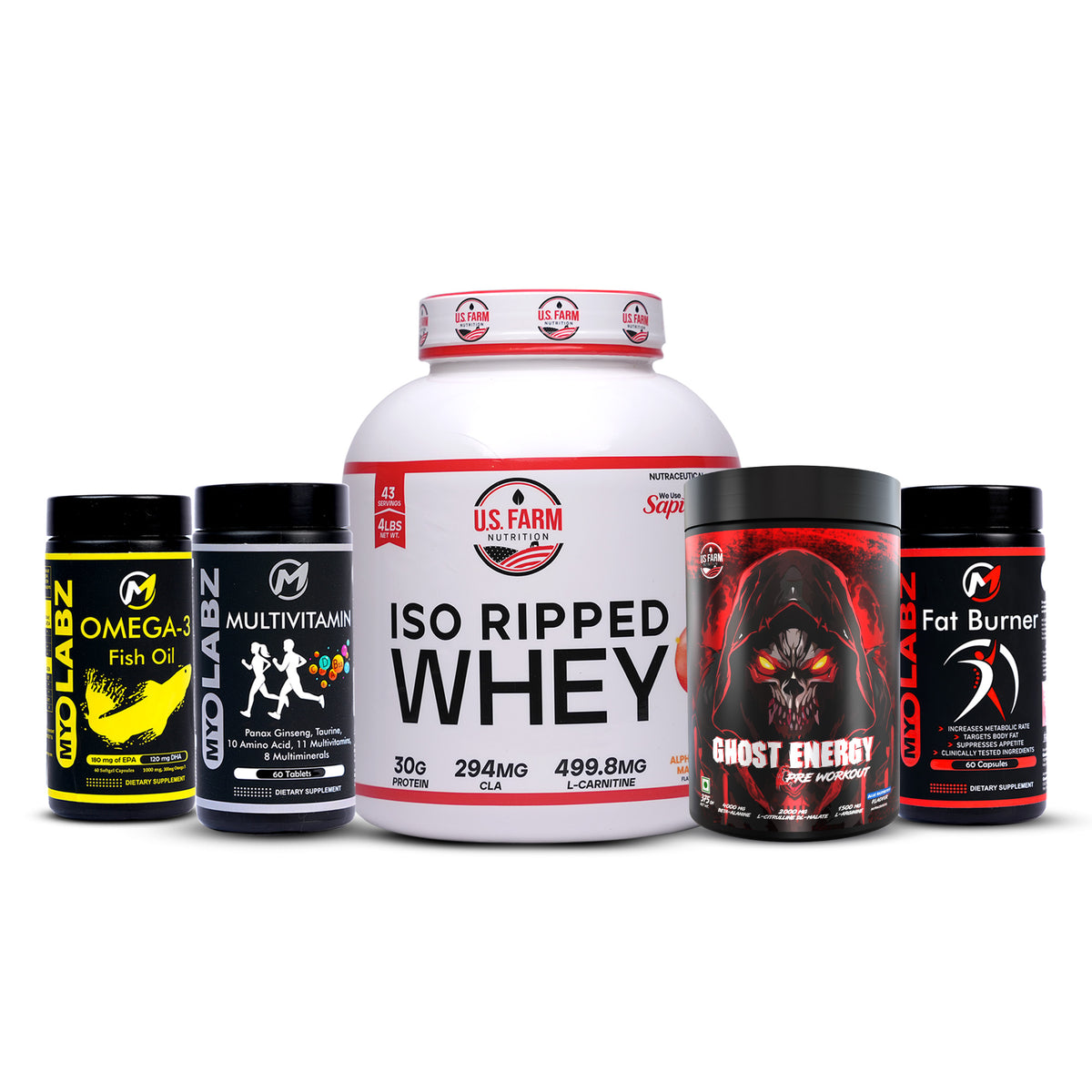 24 Product US Farm Iso Ripped Energy + Fat Loss Bulk – Ghost Energy Pre-Workout, MyoLabz Multivitamin, Omega-3 & Fat Burner Combo