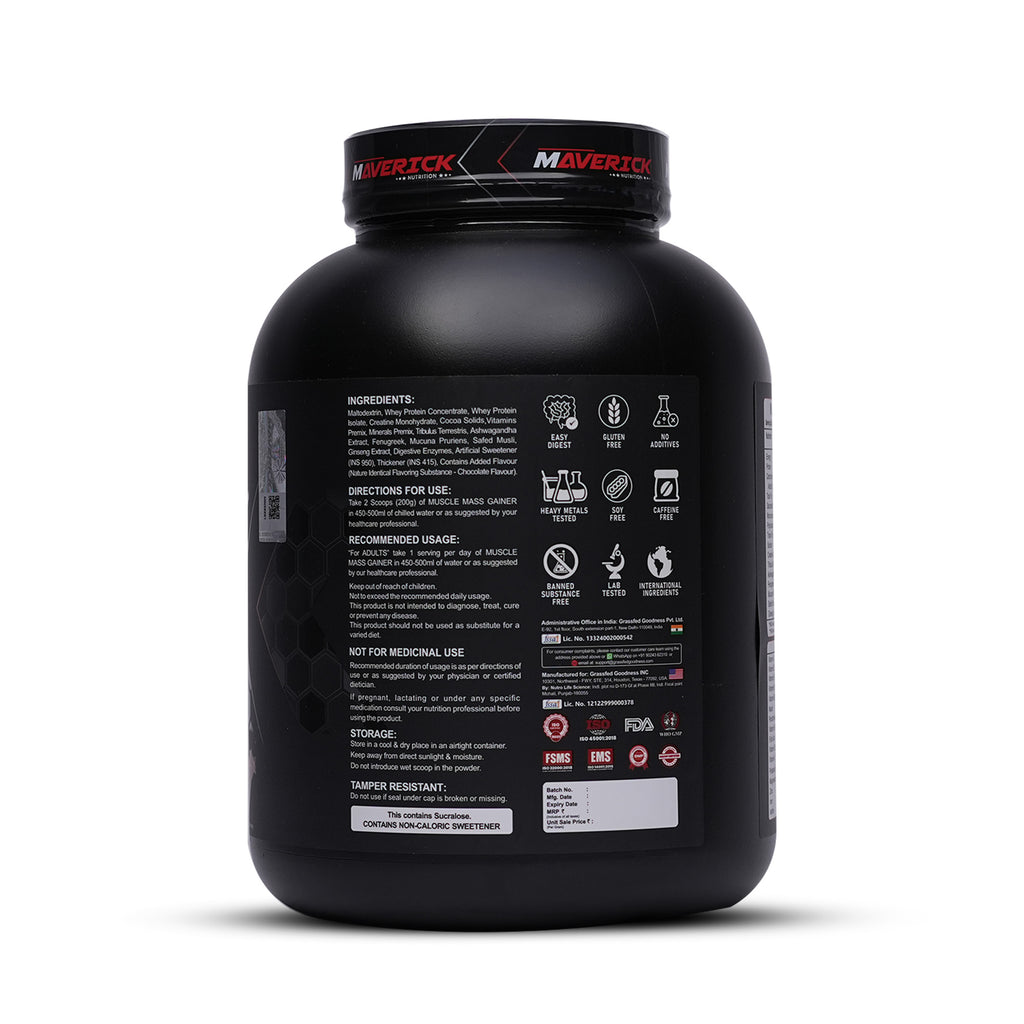 Maverick Nutrition Muscle Mass Gainer (15 Servings, 3kg) | Chocolate Flavour | High Protein Mass Gainer Powder