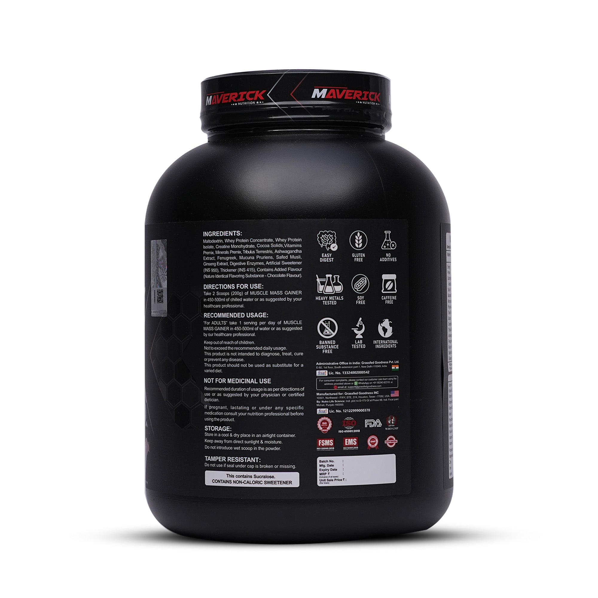 Maverick Nutrition Muscle Mass Gainer (15 Servings, 3kg) | Chocolate Flavour | High Protein Mass Gainer Powder