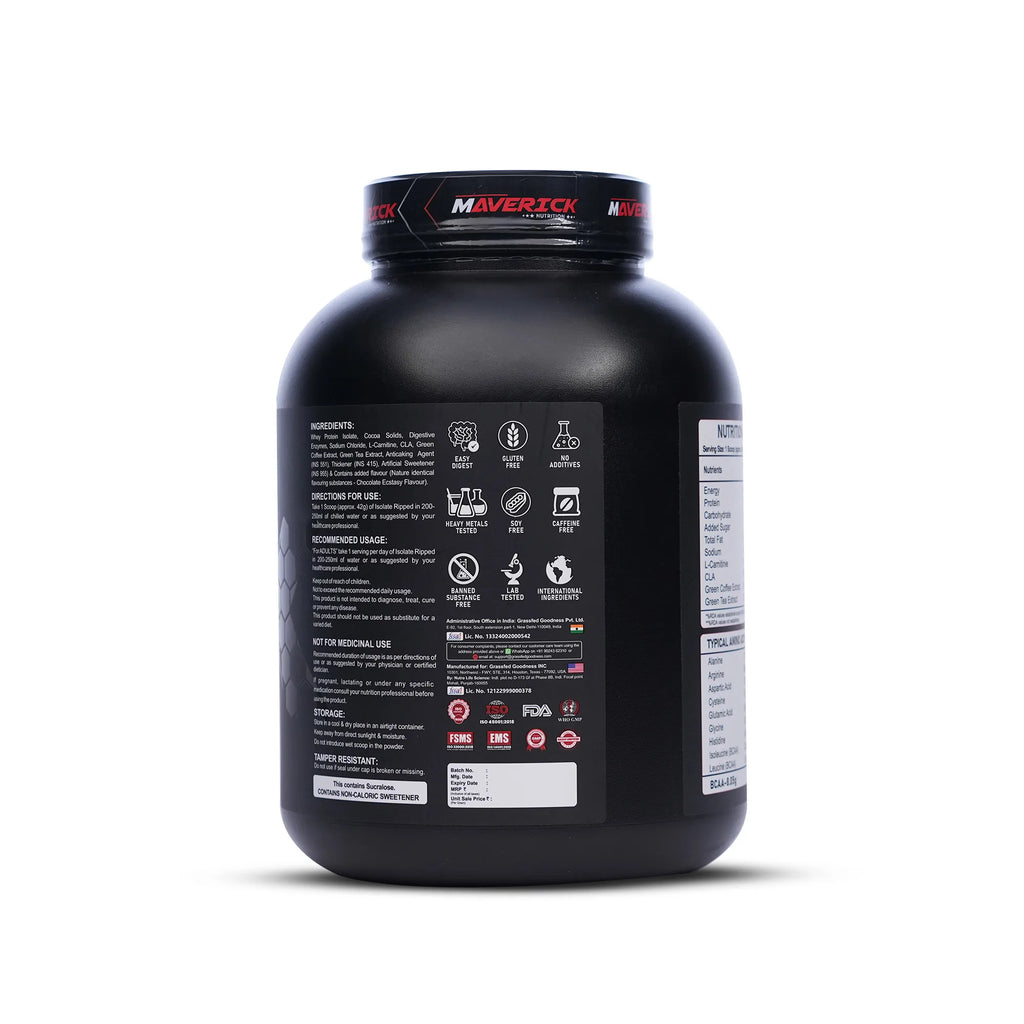 Maverick Nutrition Isolate Ripped Whey Protein 2kg (Chocolate Ecstasy) | 30g Protein | 47 Servings