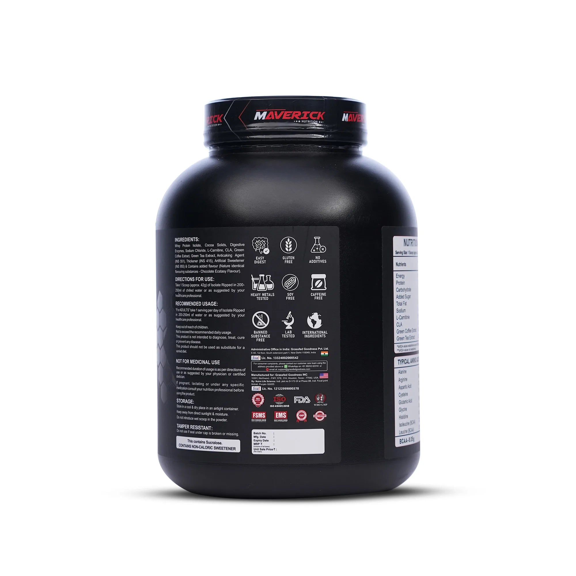 Maverick Nutrition Isolate Ripped Whey Protein 2kg (Chocolate Ecstasy) | 30g Protein | 47 Servings