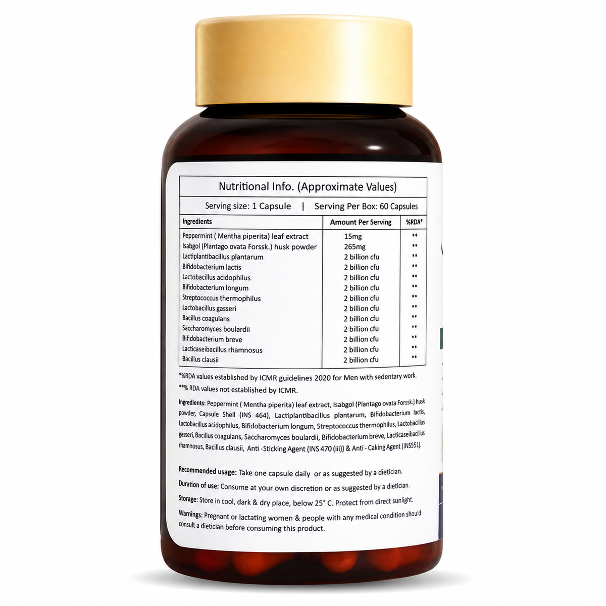 MyoLabz Gut Reset Probiotics Capsules | 11 Probiotic Strains (2 Billion CFU Each) + Isabgol & Peppermint | Digestion, Bloating & Gut Health | 60 Capsules